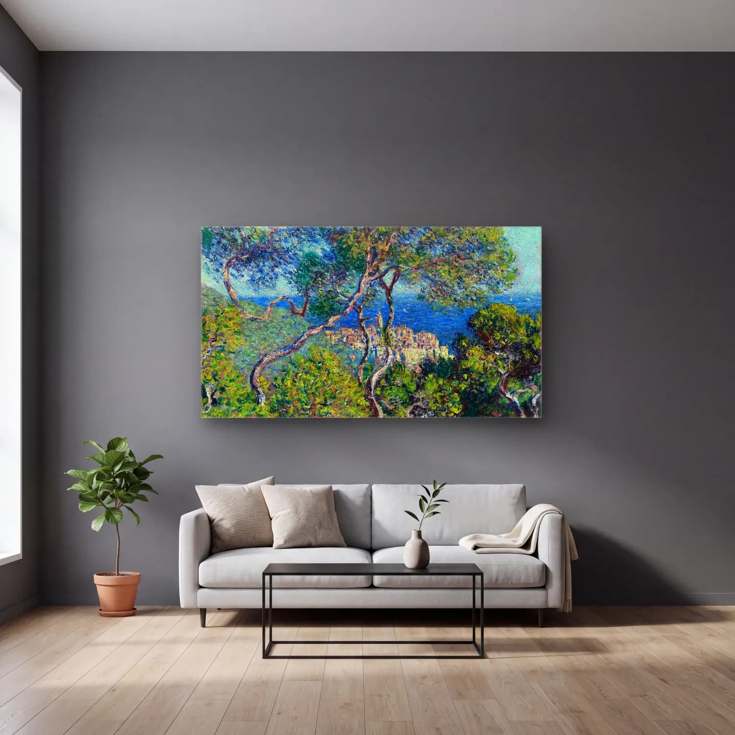 Claude Monet – Bordighera cam tablo — gri duvarlı salonda