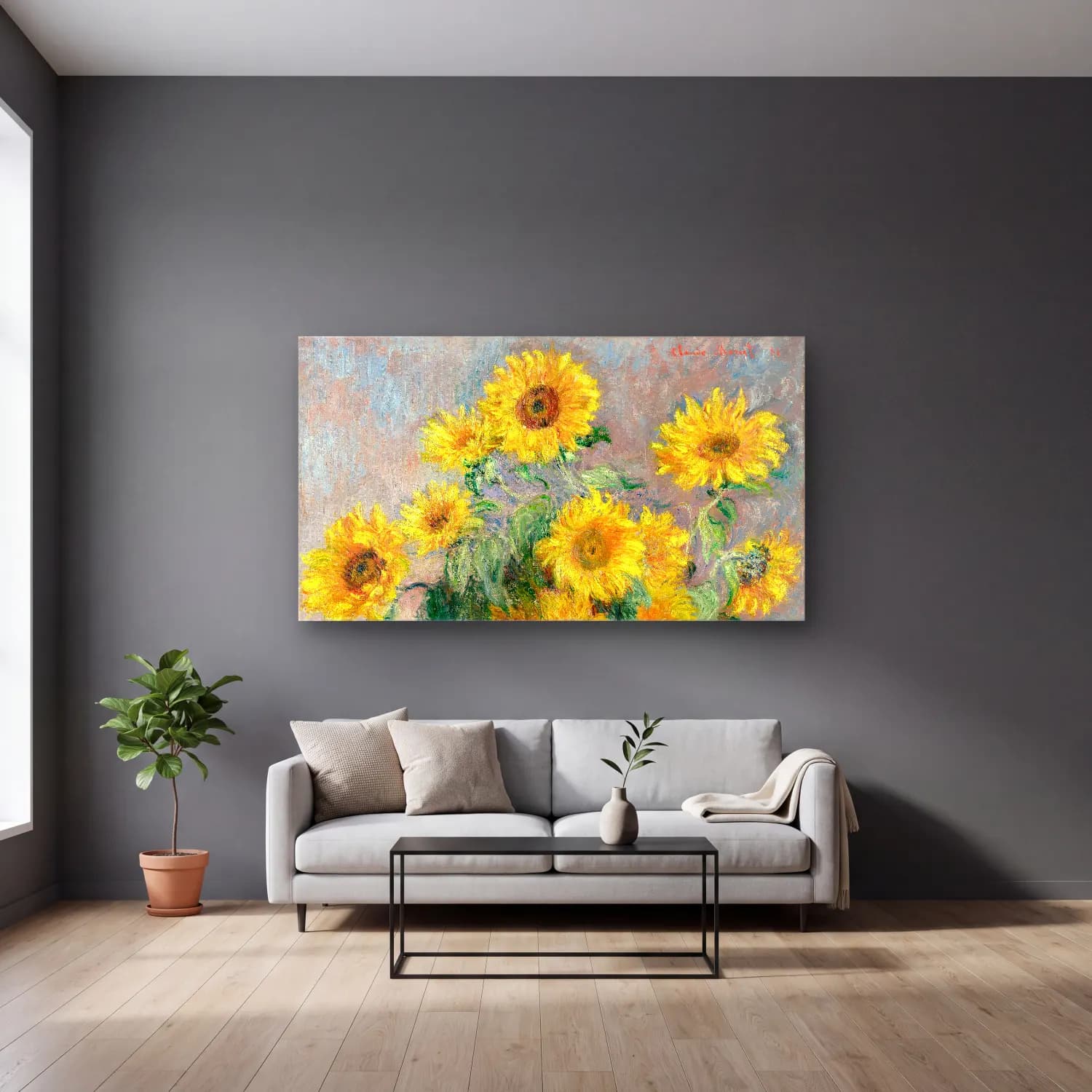 Claude Monet – Bouquet of Sunflowers cam tablo — gri duvarlı salonda