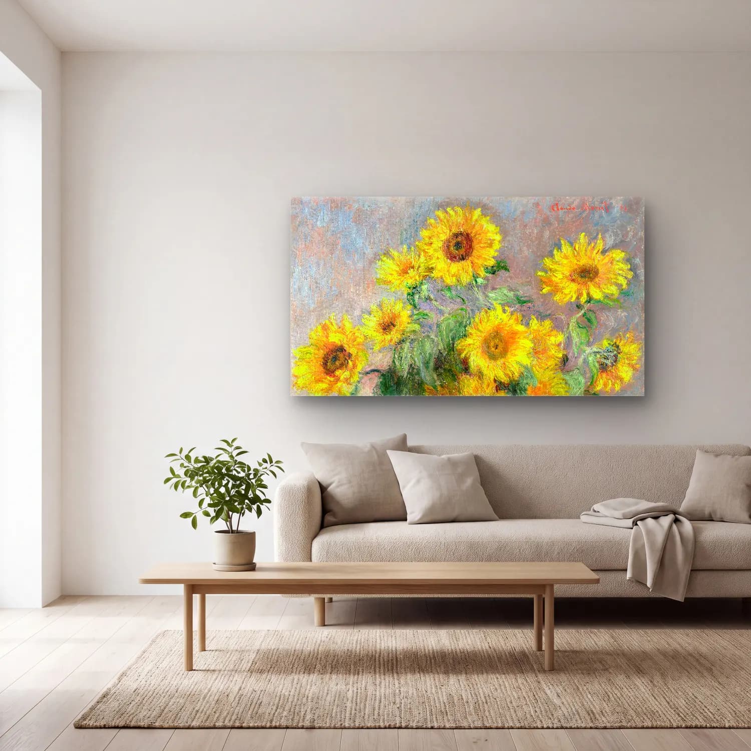 Claude Monet – Bouquet of Sunflowers cam tablo — açık renk salonda
