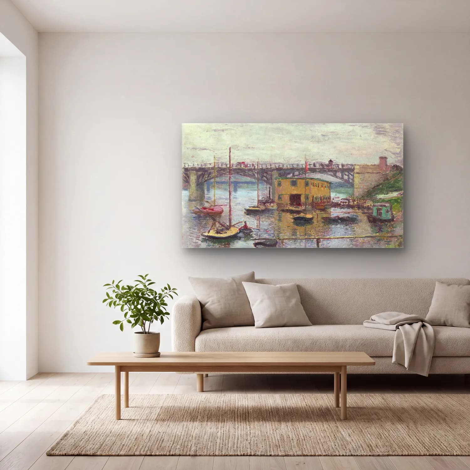 Claude Monet – Bridge at Argenteuil on a Gray Day cam tablo — açık renk salonda