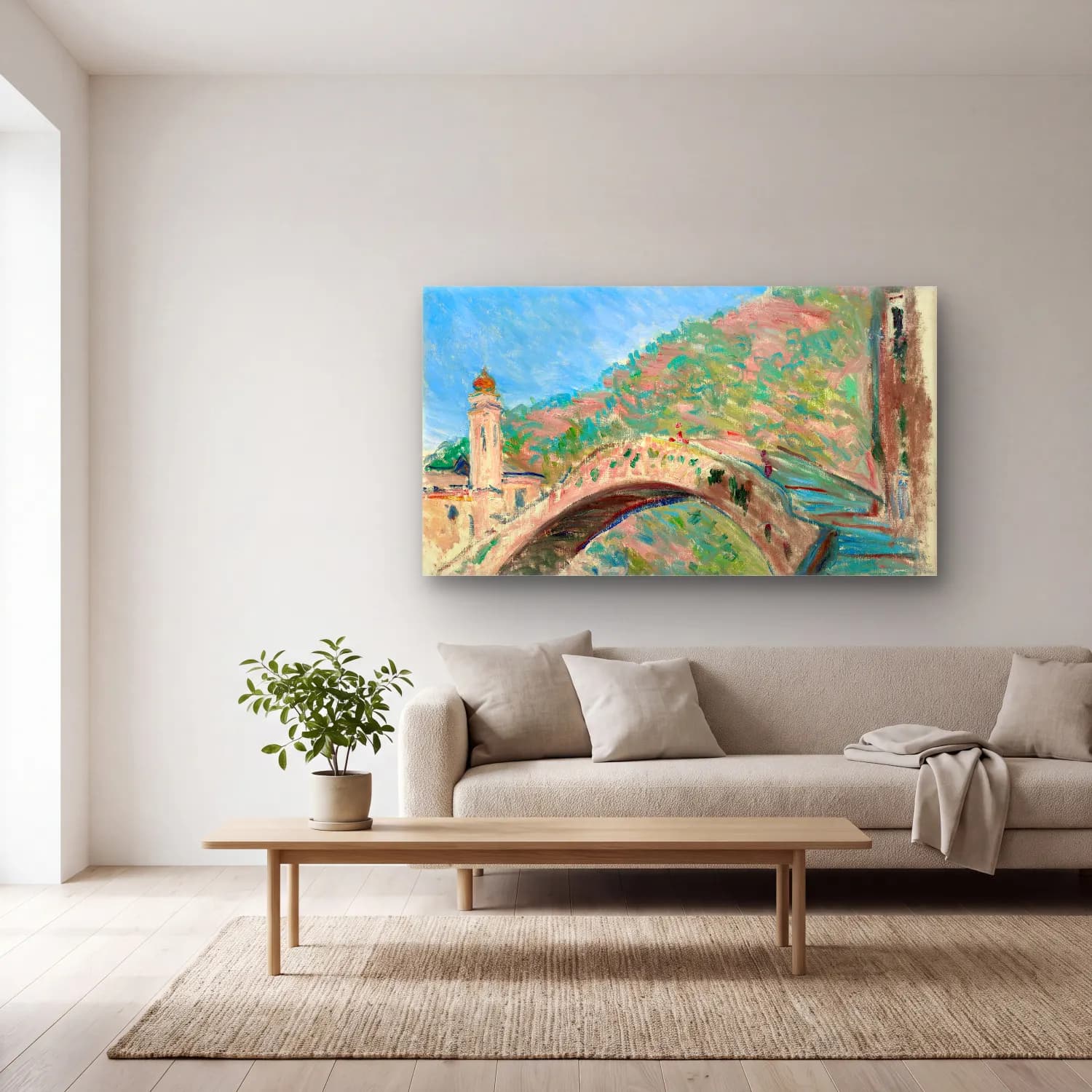 Claude Monet – Bridge at Dolceacqua cam tablo — açık renk salonda