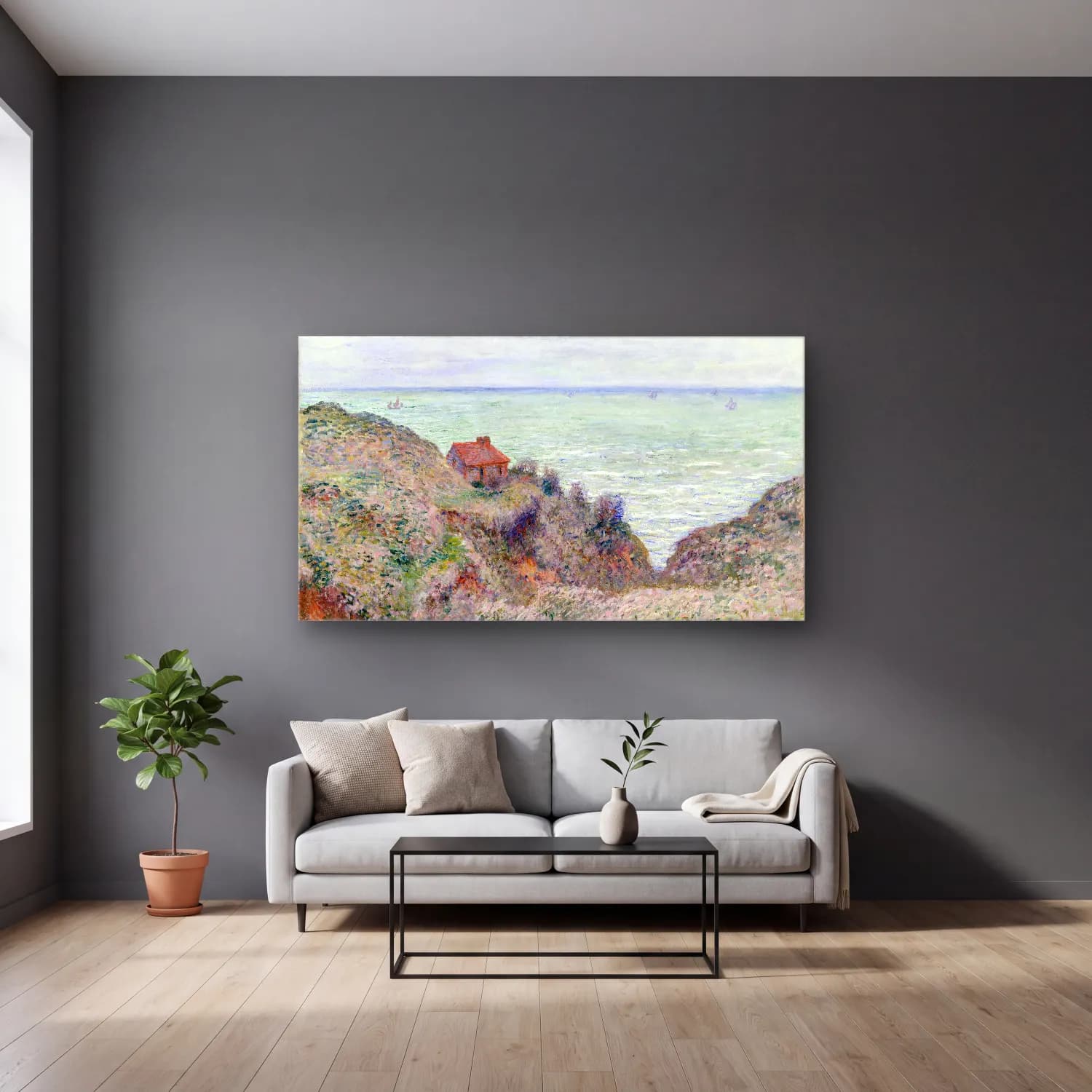 Claude Monet – Cabin of the Customs Watch cam tablo — gri duvarlı salonda