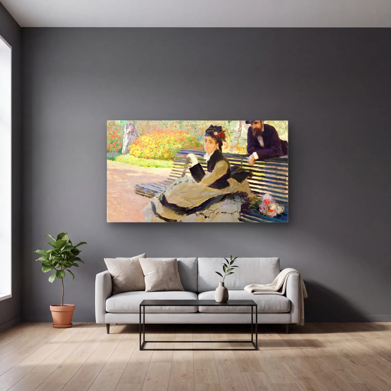 Claude Monet – Camille Monet on a Garden Bench cam tablo — gri duvarlı salonda