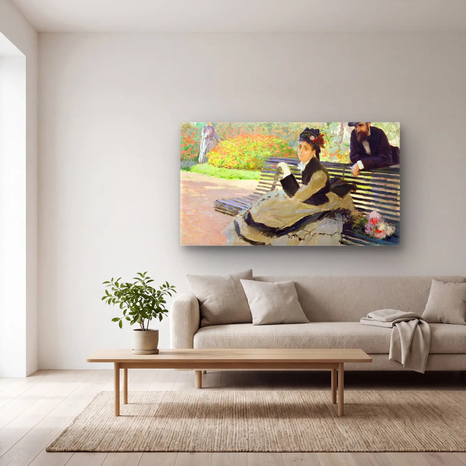 Claude Monet – Camille Monet on a Garden Bench cam tablo — açık renk salonda
