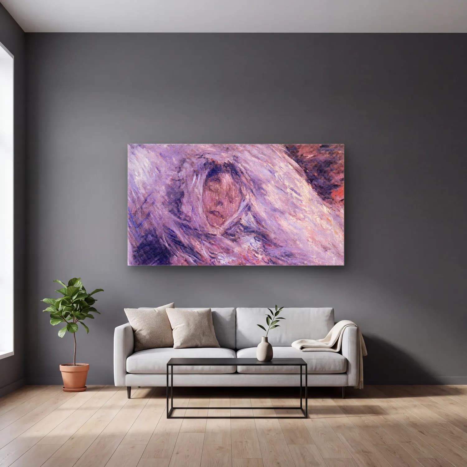 Claude Monet – Camille Monet on her deathbed cam tablo — gri duvarlı salonda