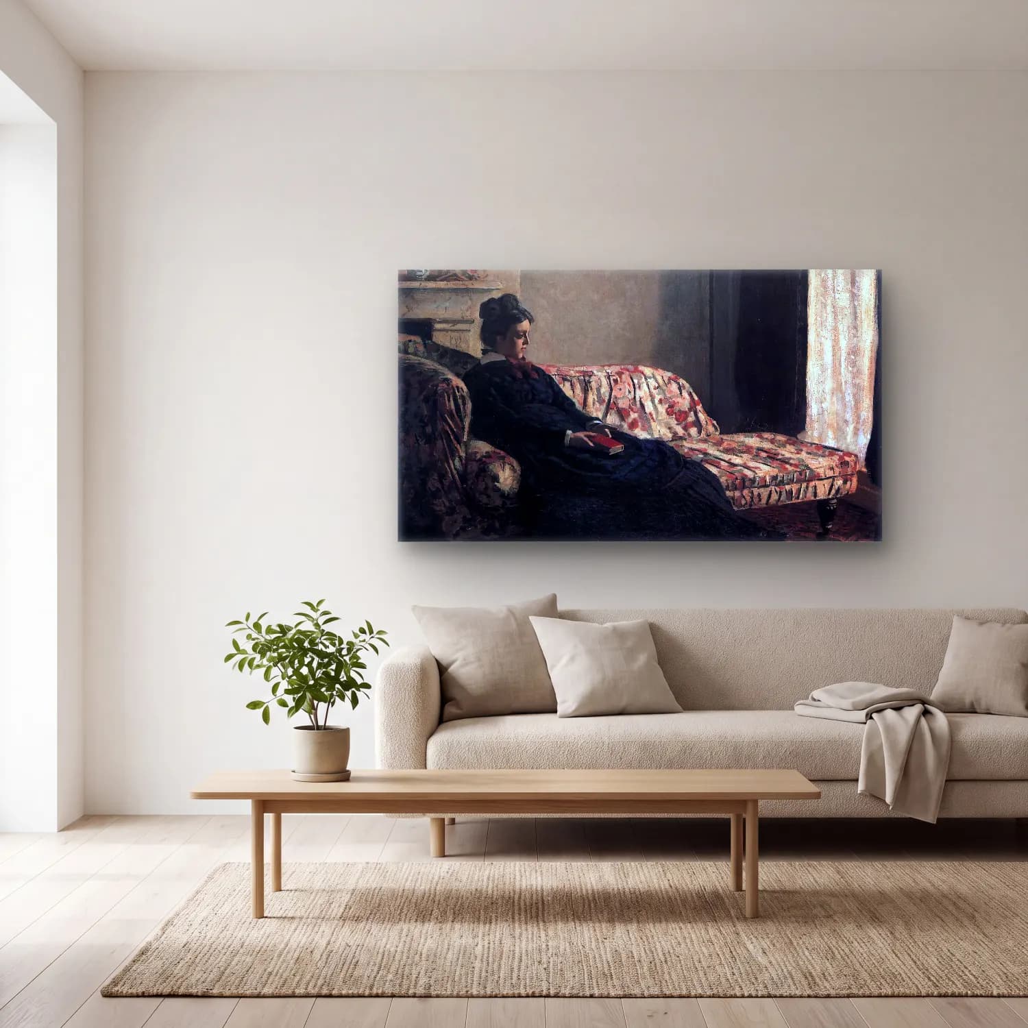 Claude Monet – Camille Monet on the Couch cam tablo — açık renk salonda