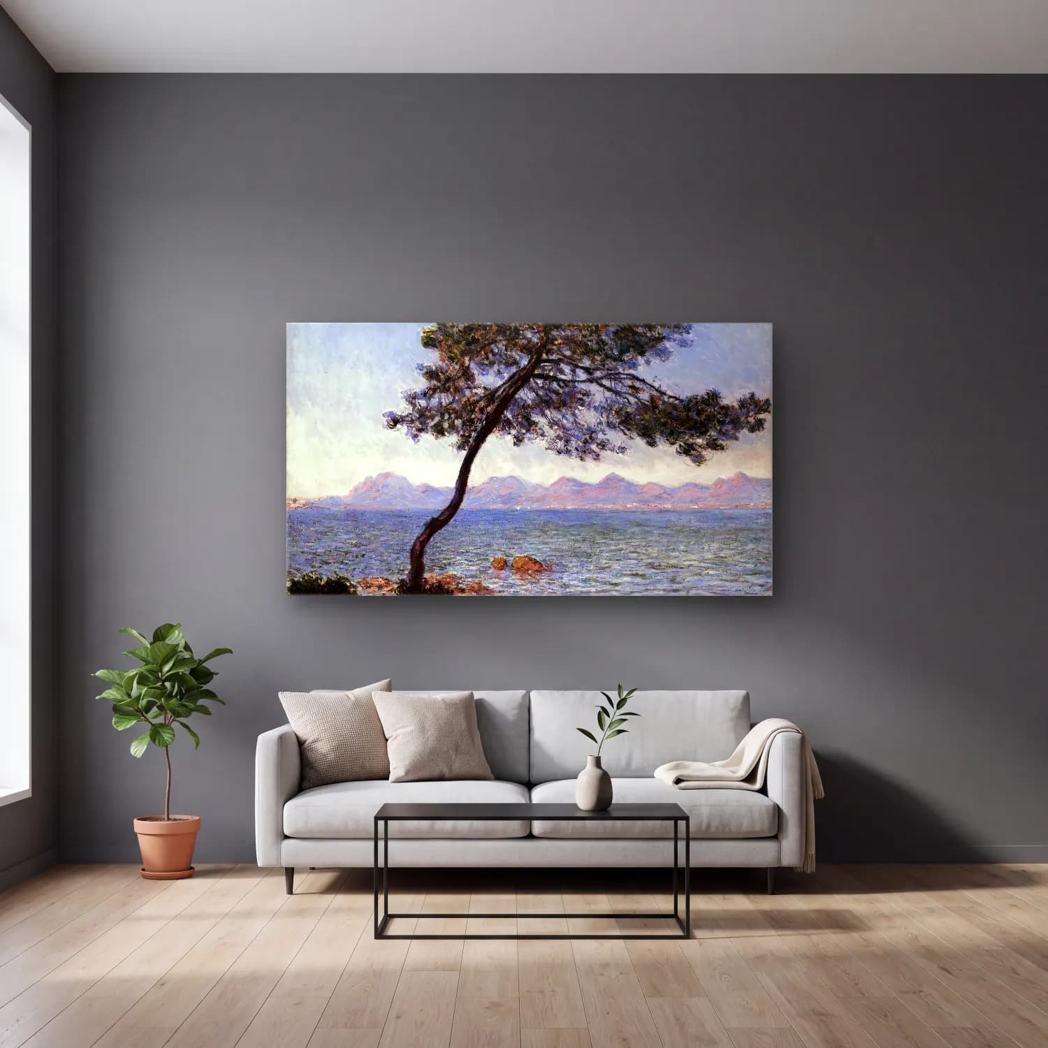 Claude Monet – Cap d Antibes cam tablo — gri duvarlı salonda