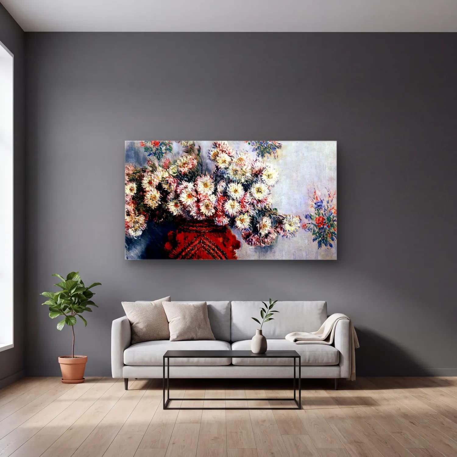 Claude Monet – Chrysanthemums cam tablo — gri duvarlı salonda