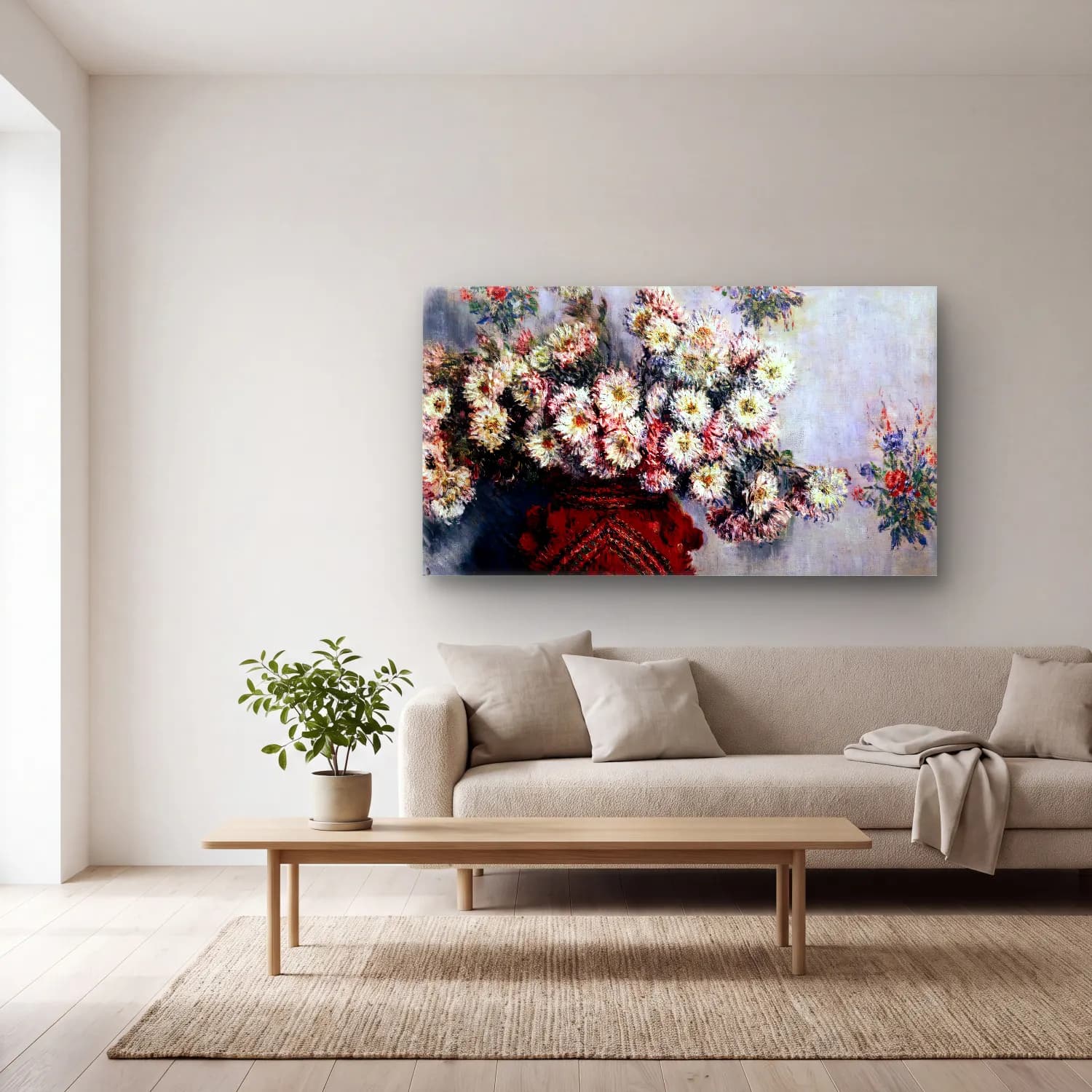 Claude Monet – Chrysanthemums cam tablo — açık renk salonda