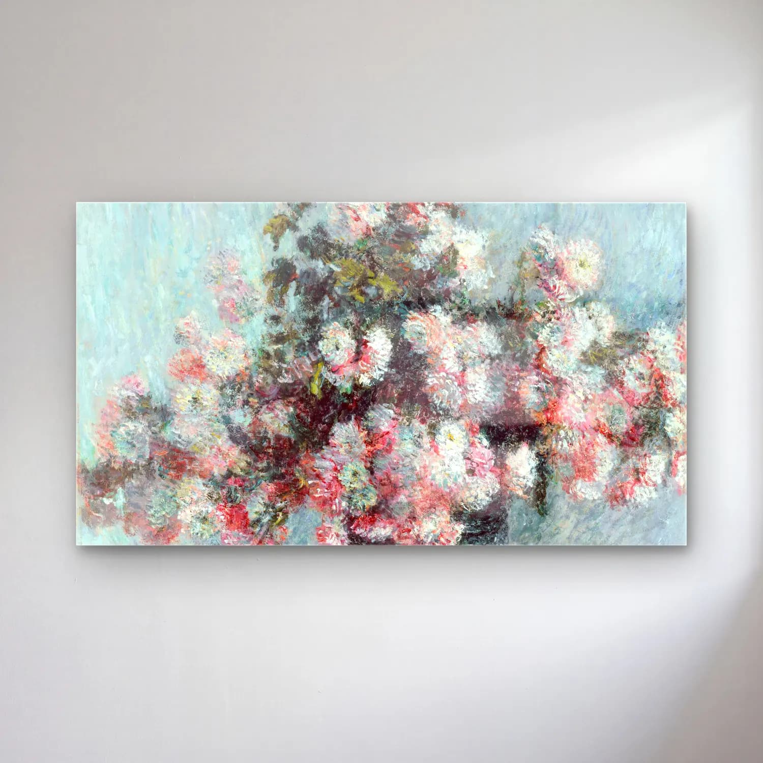 Claude Monet – Chrysanthemums – Pastel Tonlar cam tablo — Claude Monet – Chrysanthemums – Pastel Tonlar — empresyonist ortancalar