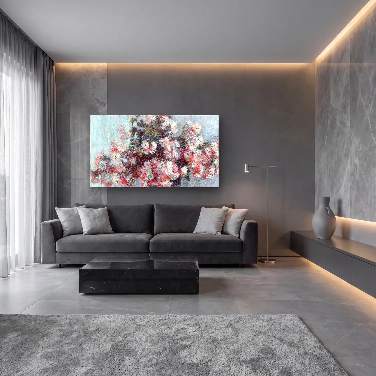 Claude Monet – Chrysanthemums – Pastel Tonlar cam tablo — lüks salon duvarında