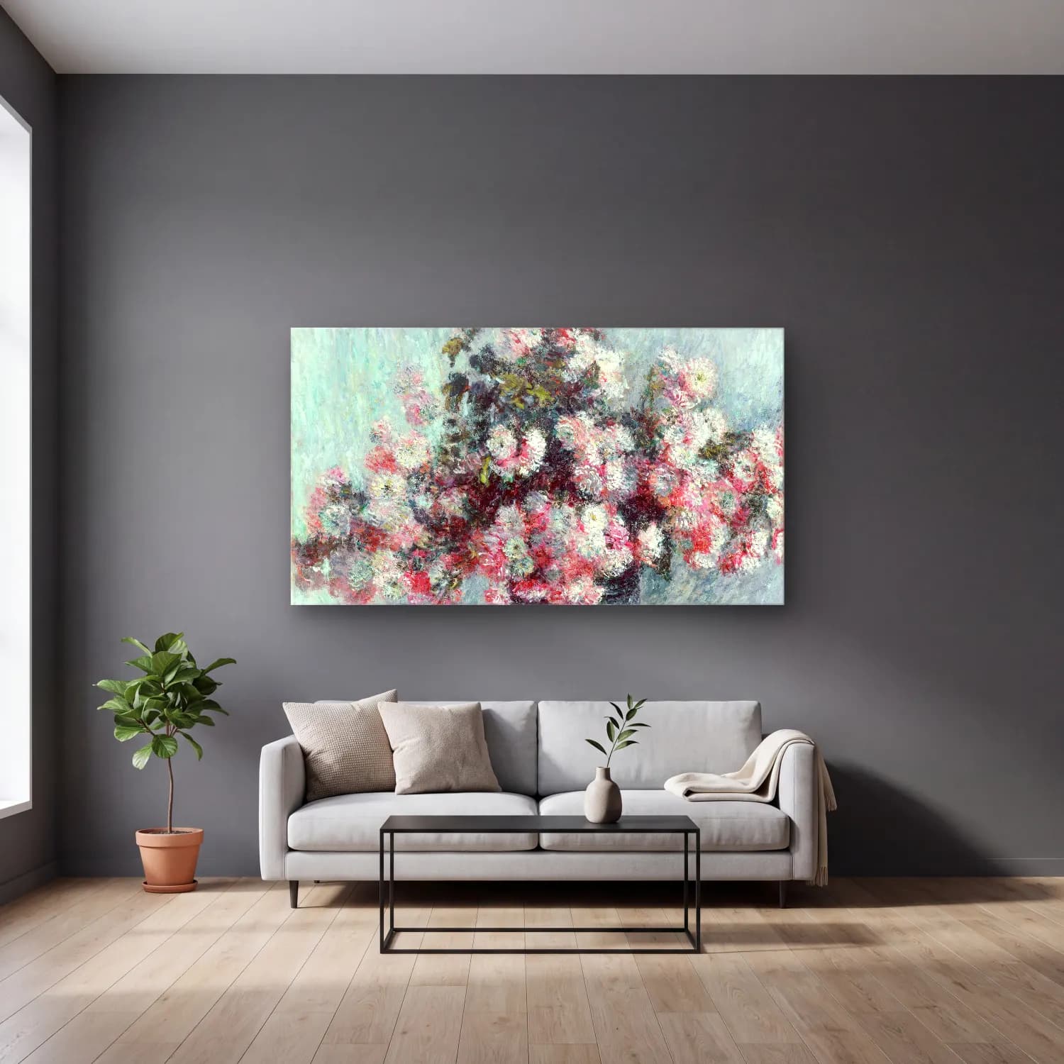 Claude Monet – Chrysanthemums – Pastel Tonlar cam tablo — gri duvarlı salonda