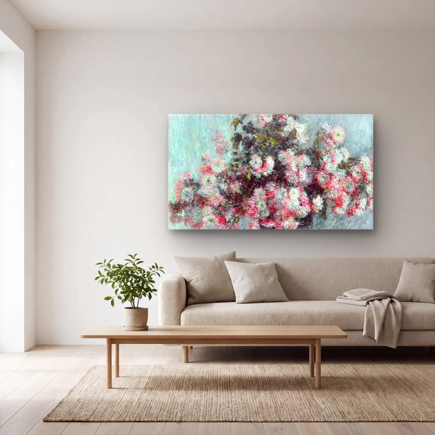 Claude Monet – Chrysanthemums – Pastel Tonlar cam tablo — açık renk salonda