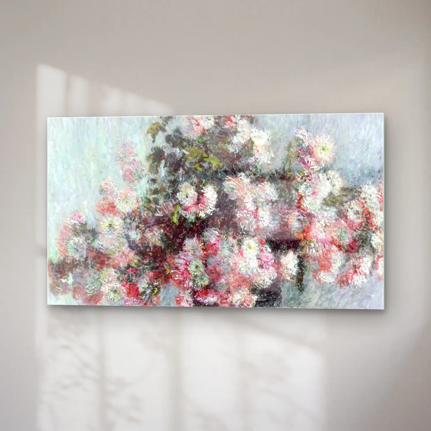 Claude Monet – Chrysanthemums – Pastel Tonlar cam tablo — sağ açıdan görünüm