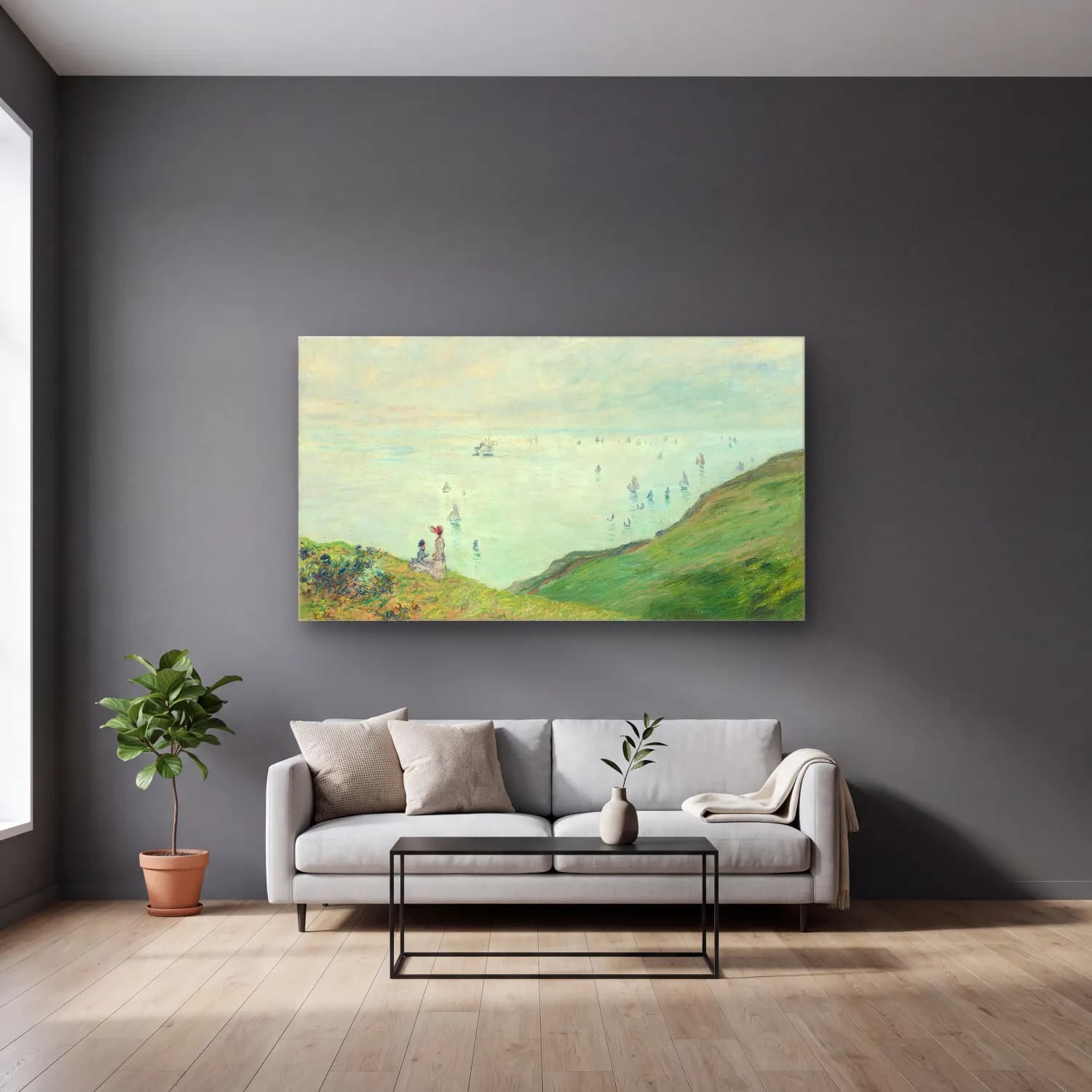 Claude Monet – Cliffs at Pourville – Pastel Tonlar cam tablo — gri duvarlı salonda