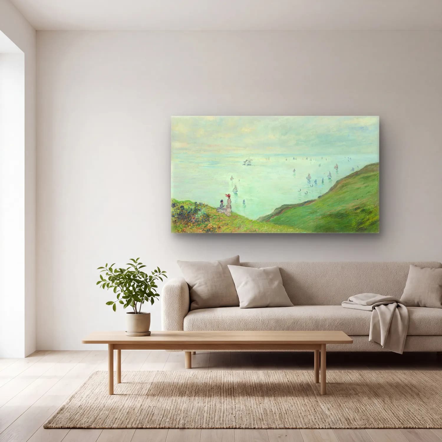 Claude Monet – Cliffs at Pourville – Pastel Tonlar cam tablo — açık renk salonda