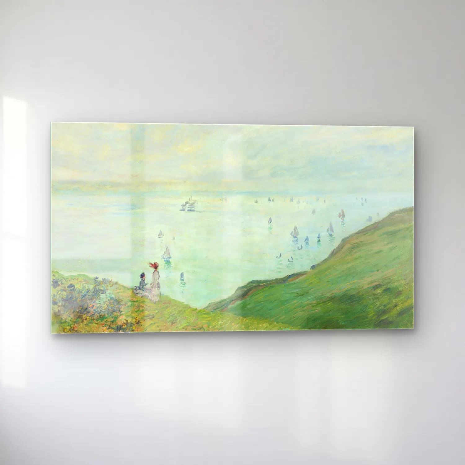 Claude Monet – Cliffs at Pourville – Pastel Tonlar cam tablo — sol açıdan görünüm
