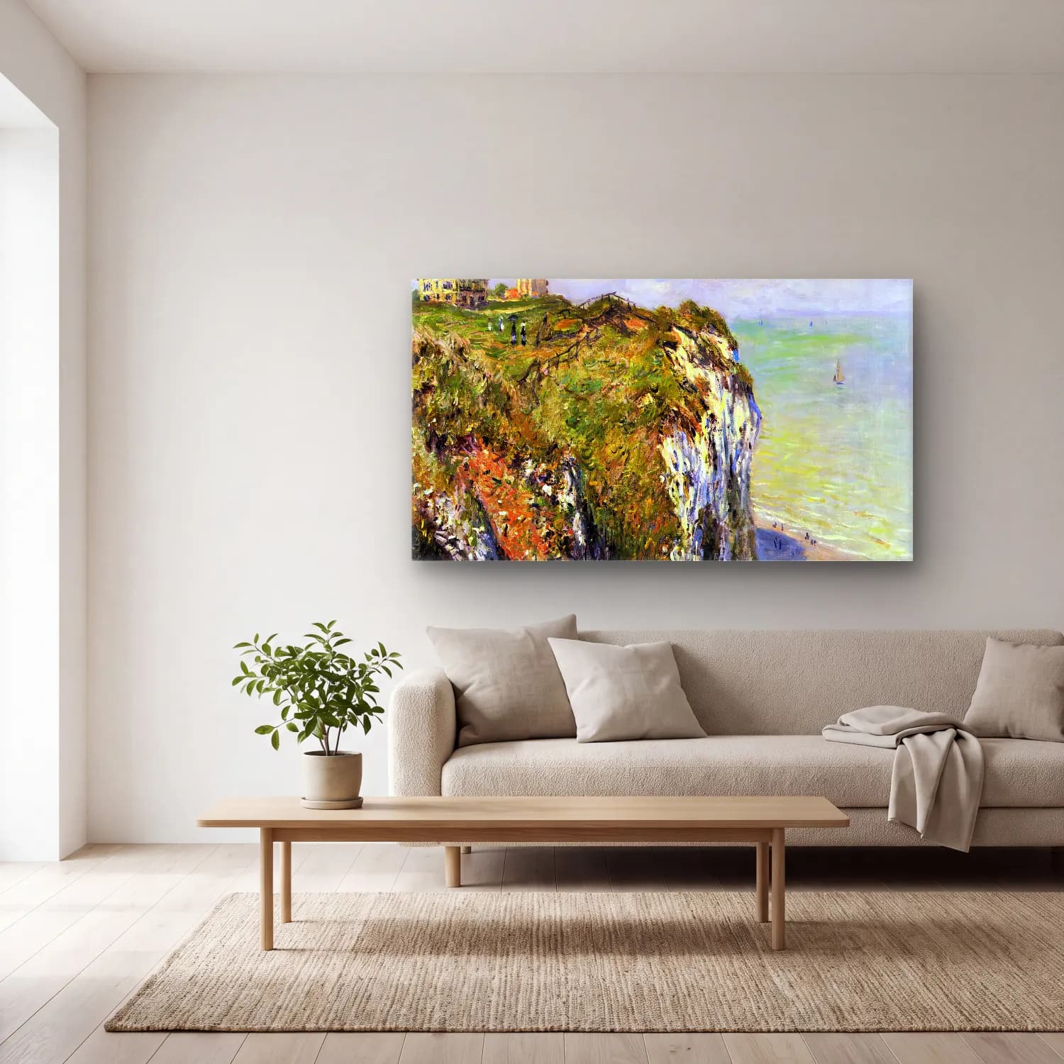 Claude Monet – Cliffs near Dieppe cam tablo — açık renk salonda
