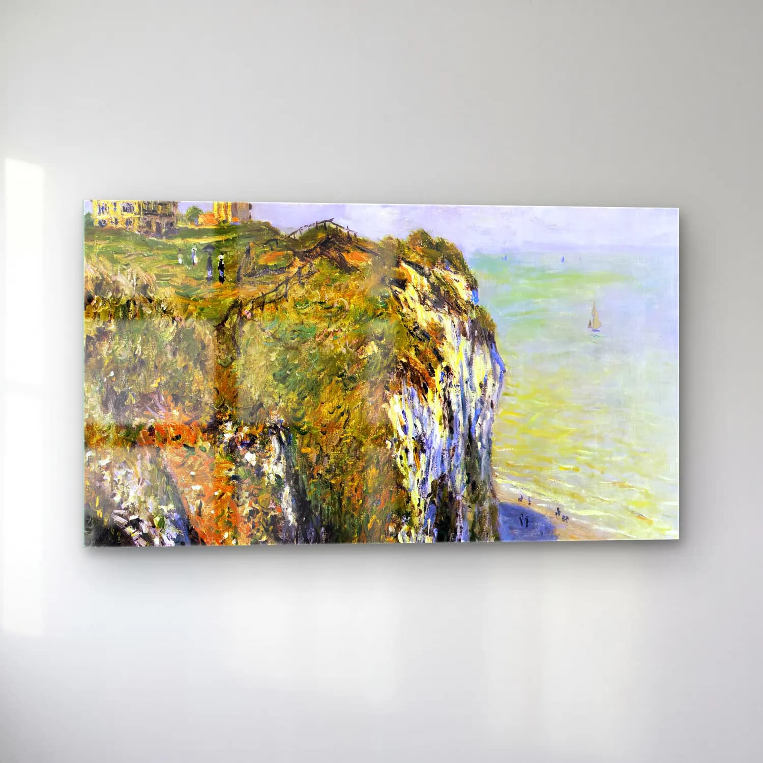 Claude Monet – Cliffs near Dieppe cam tablo — sol açıdan görünüm