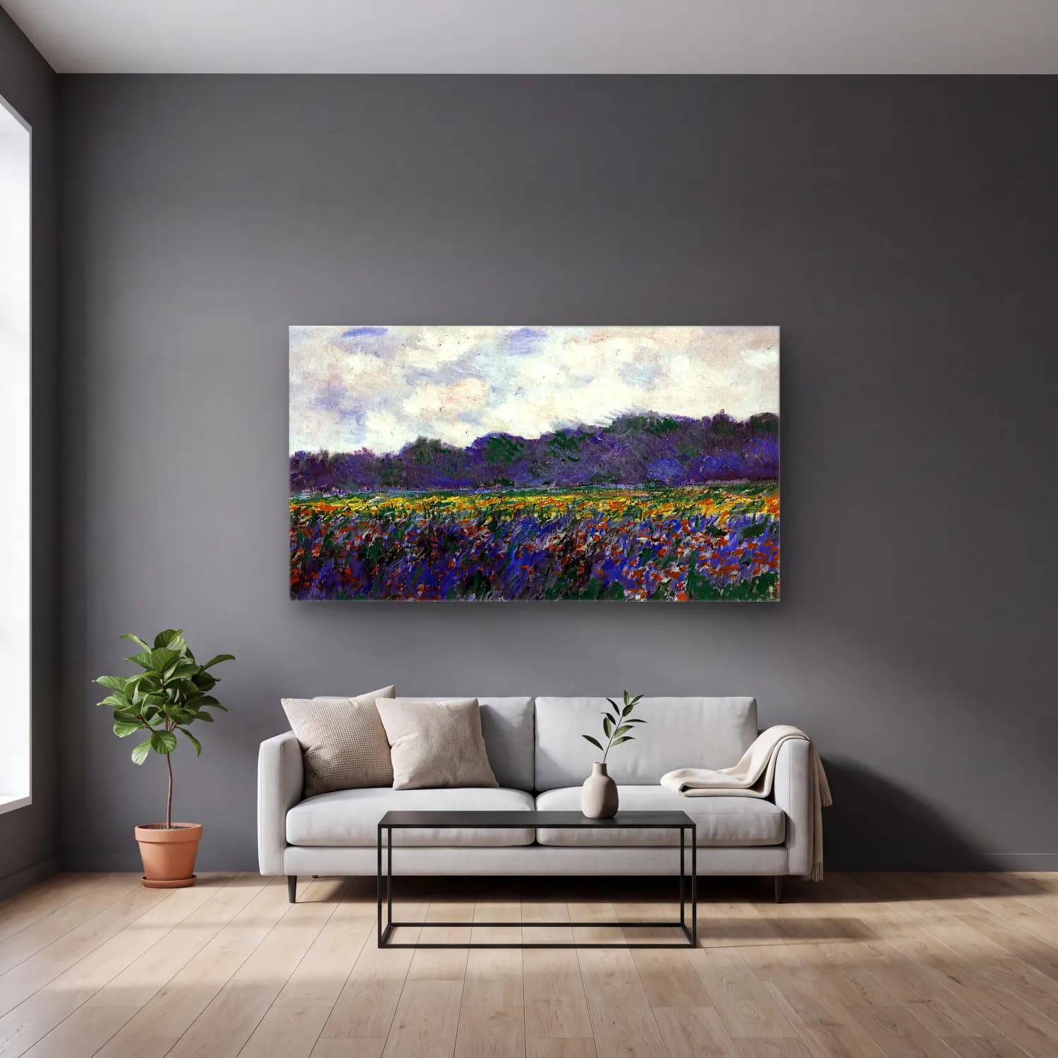 Claude Monet – Field of Yellow Irises at Giverny cam tablo — gri duvarlı salonda