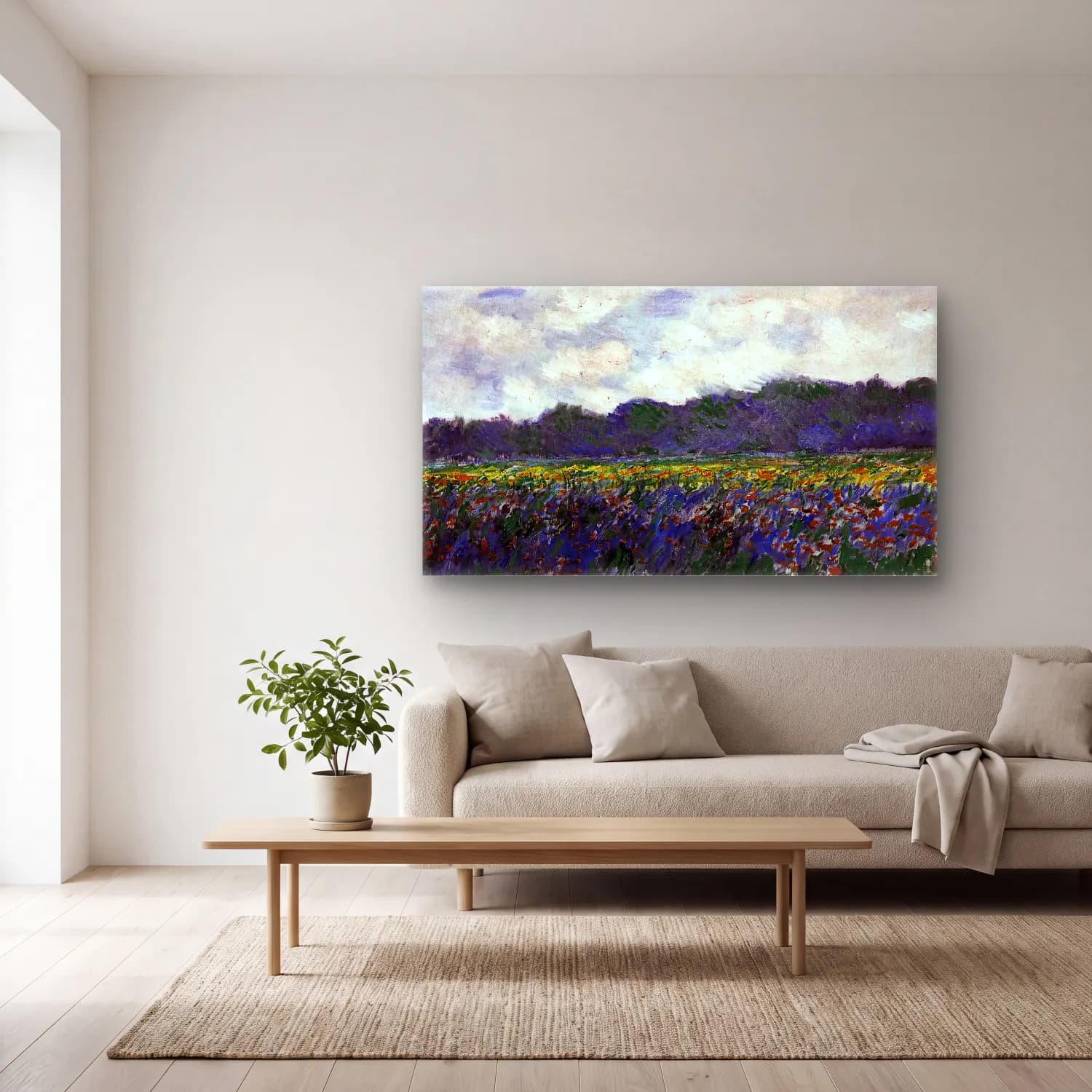 Claude Monet – Field of Yellow Irises at Giverny cam tablo — açık renk salonda