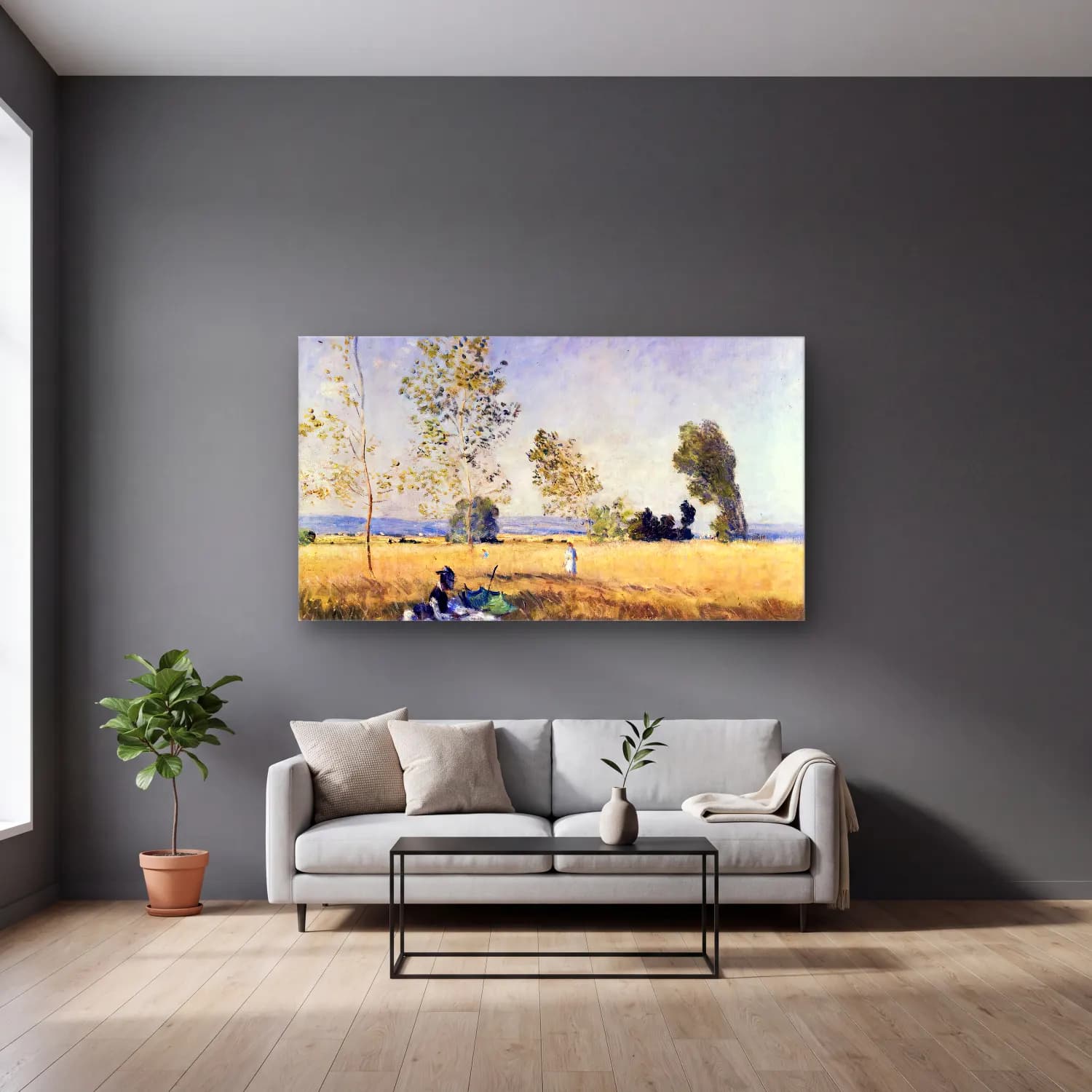 Claude Monet – Fields of Bezons cam tablo — gri duvarlı salonda