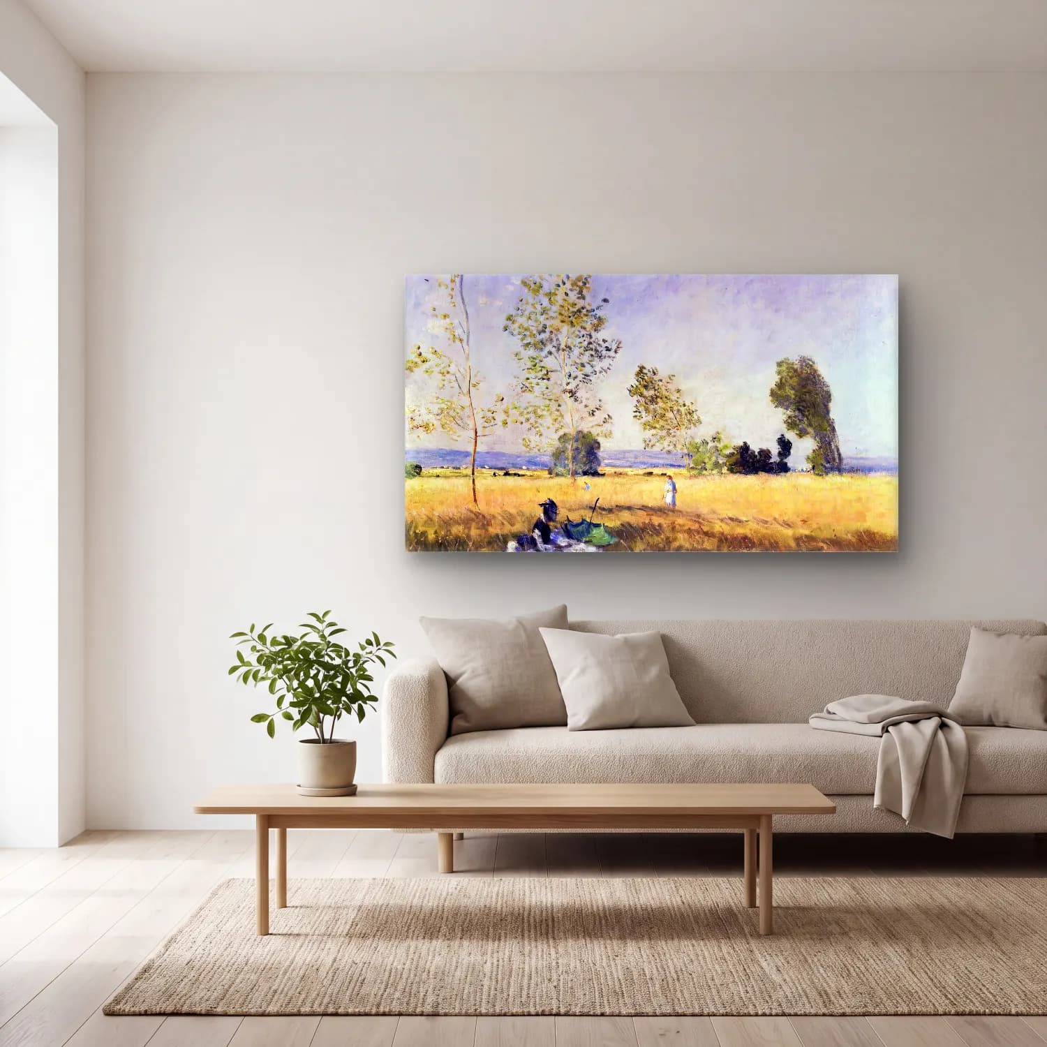 Claude Monet – Fields of Bezons cam tablo — açık renk salonda