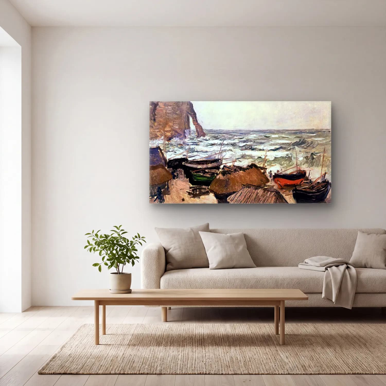 Claude Monet – Fishing Boats cam tablo — açık renk salonda