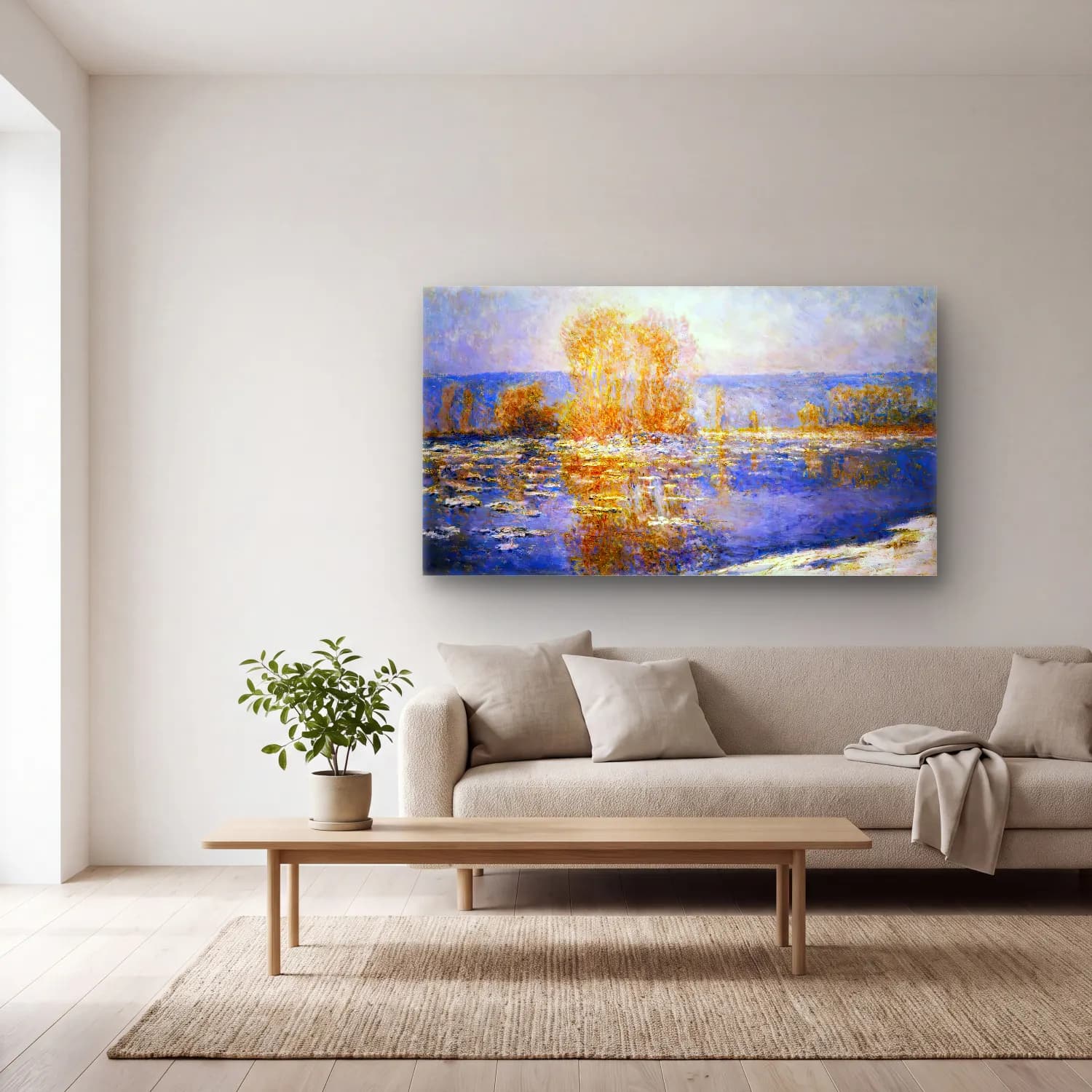 Claude Monet – Floating Ice at Bennecourt cam tablo — açık renk salonda