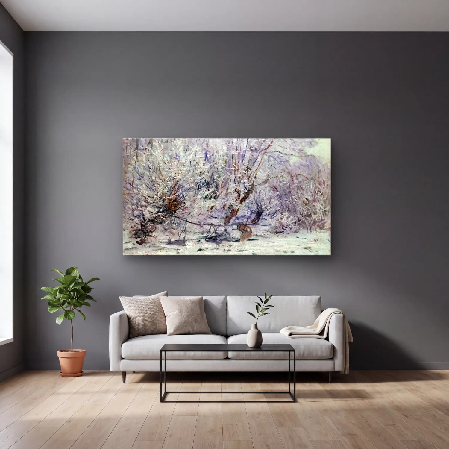 Claude Monet – Frost cam tablo — gri duvarlı salonda