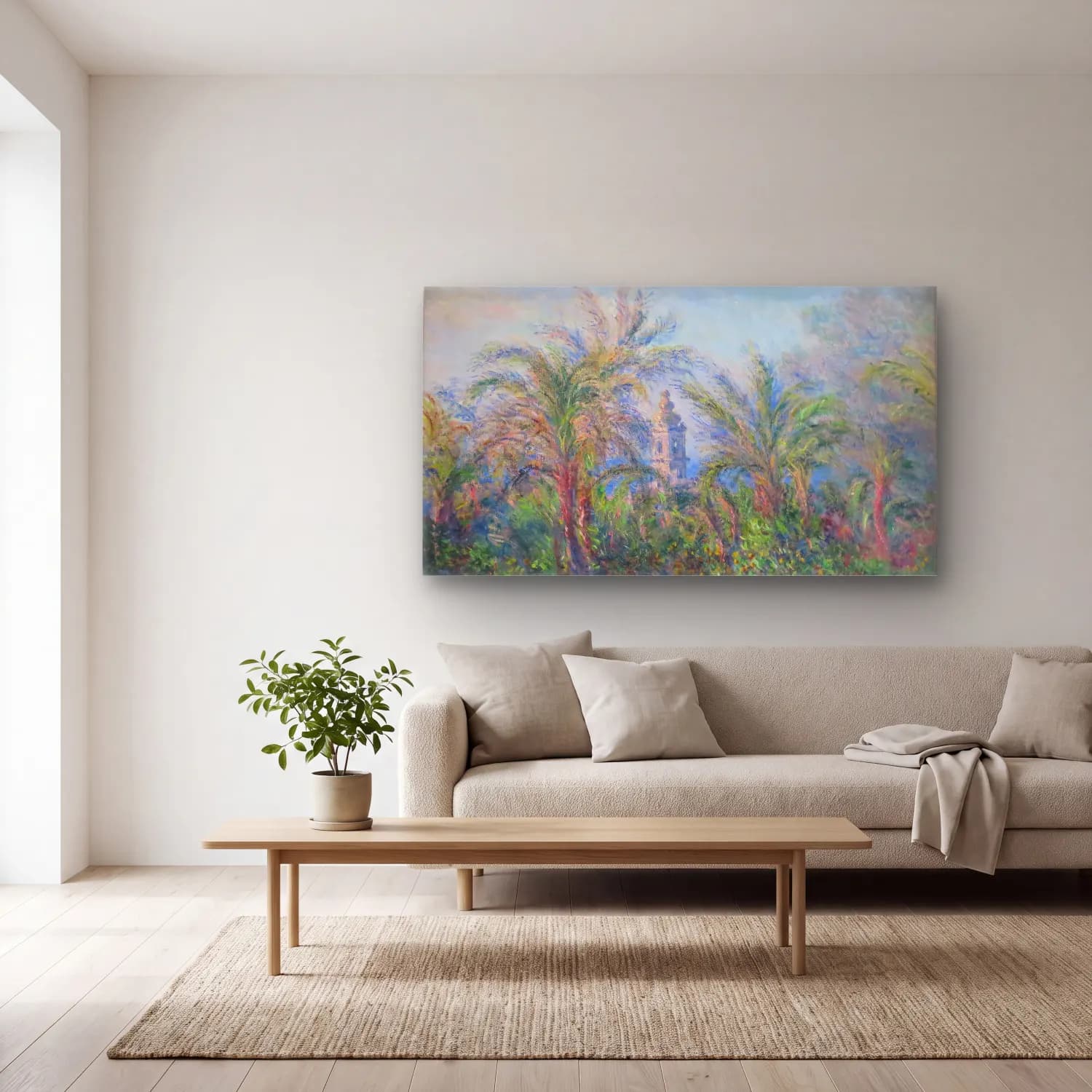 Claude Monet – Garden at Bordighera cam tablo — açık renk salonda