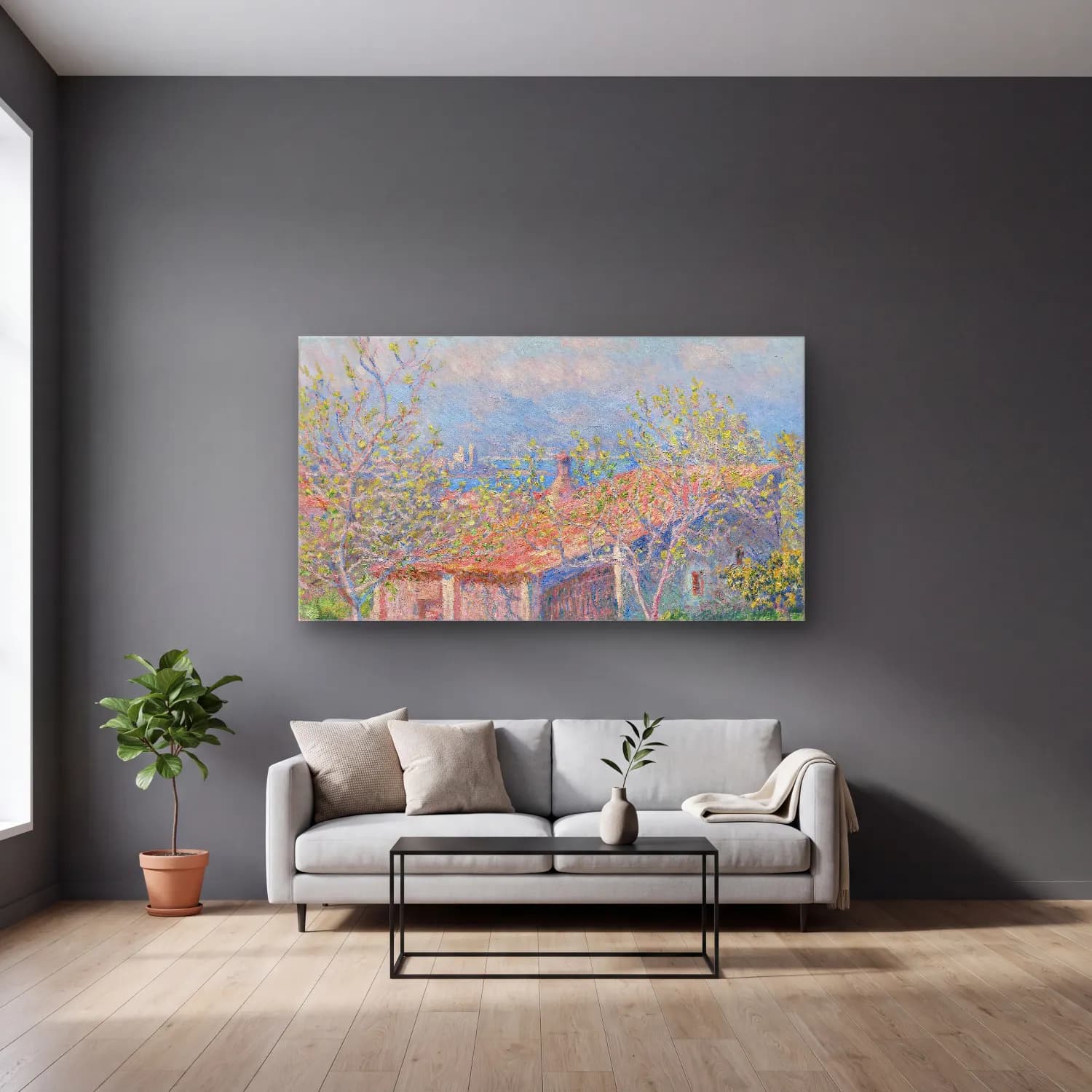 Claude Monet – Gardener s House at Antibes cam tablo — gri duvarlı salonda