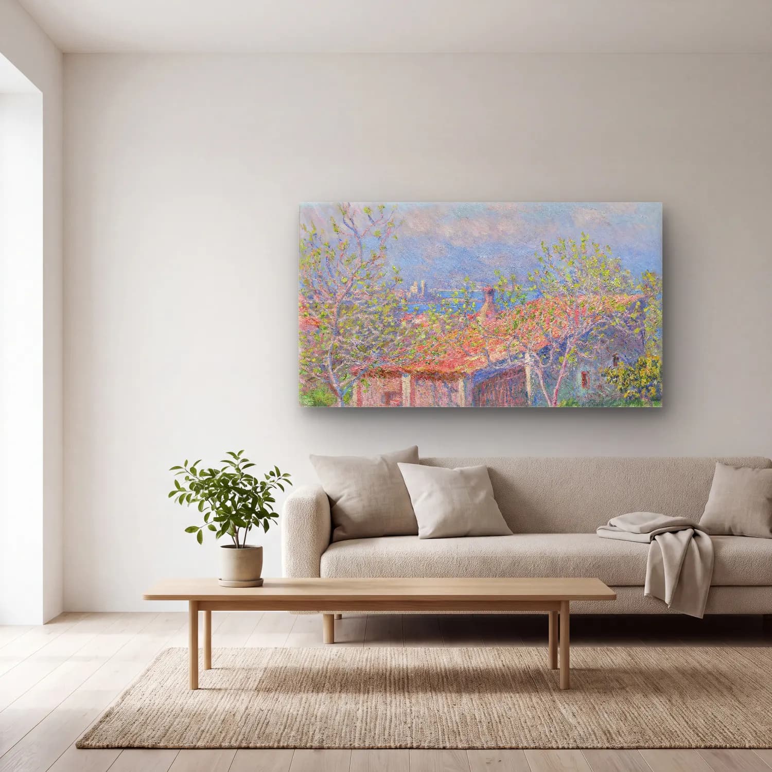 Claude Monet – Gardener s House at Antibes cam tablo — açık renk salonda