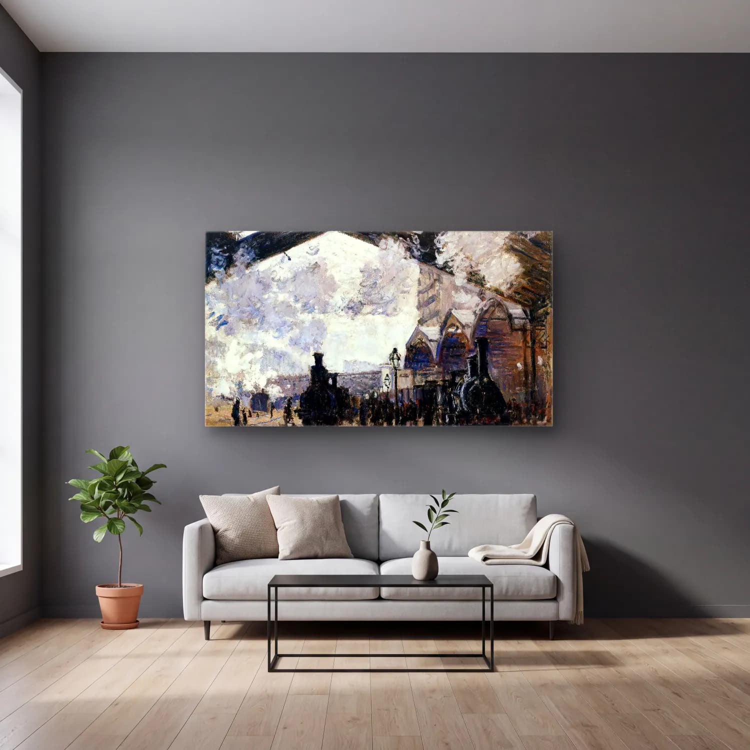 Claude Monet – Gare Saint-Lazare cam tablo — gri duvarlı salonda