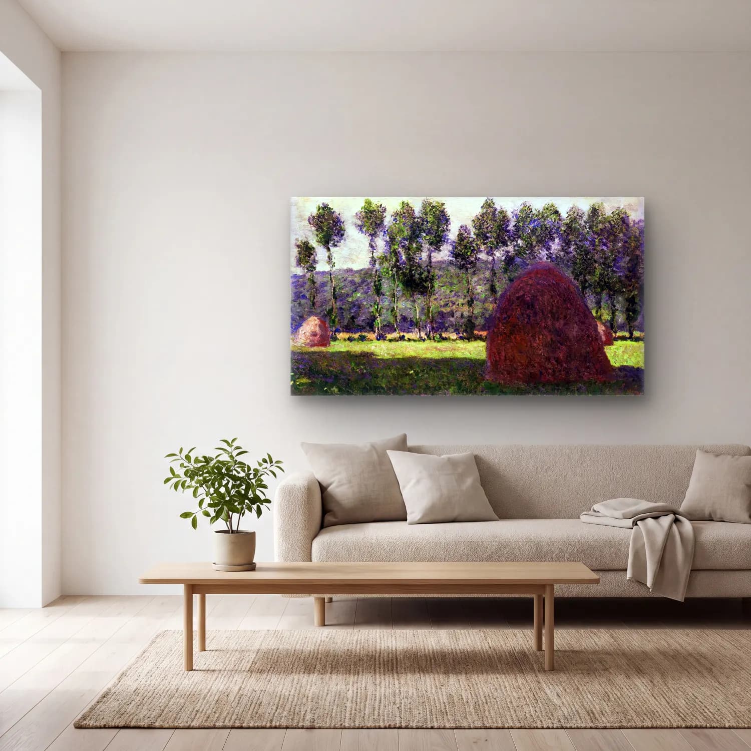 Claude Monet – Haystacks at Giverny cam tablo — açık renk salonda