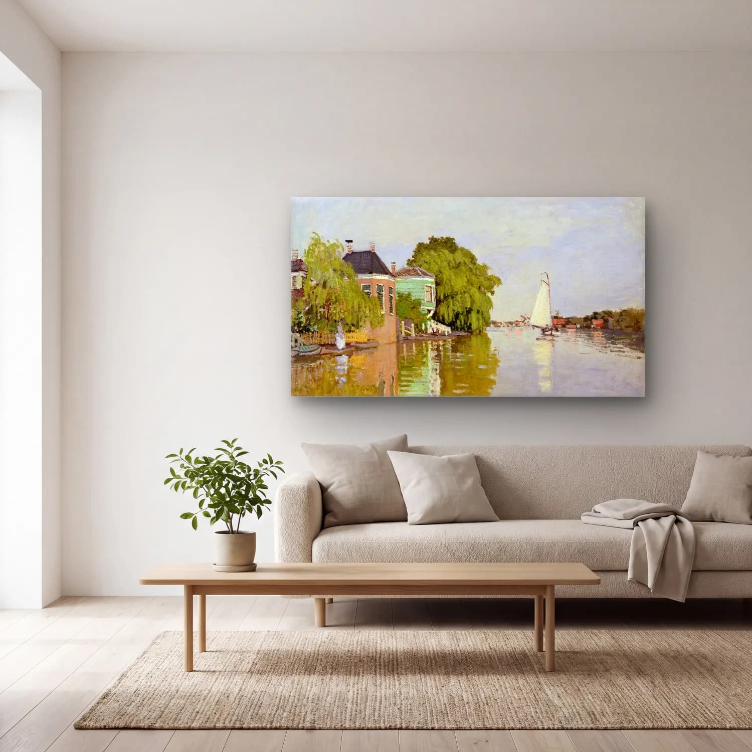 Claude Monet – Houses on the Achterzaan cam tablo — açık renk salonda