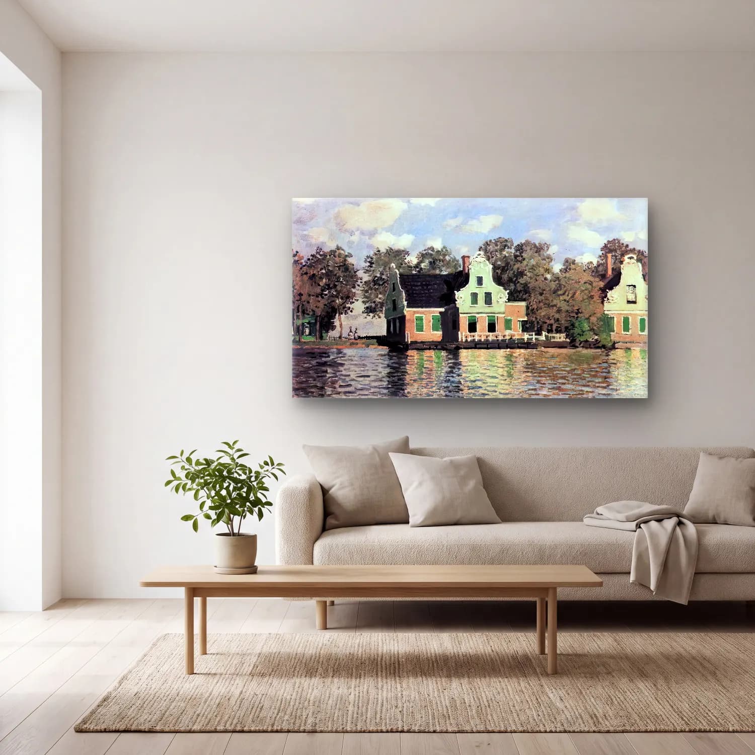 Claude Monet – Houses on the Riverbank in Zaandam cam tablo — açık renk salonda