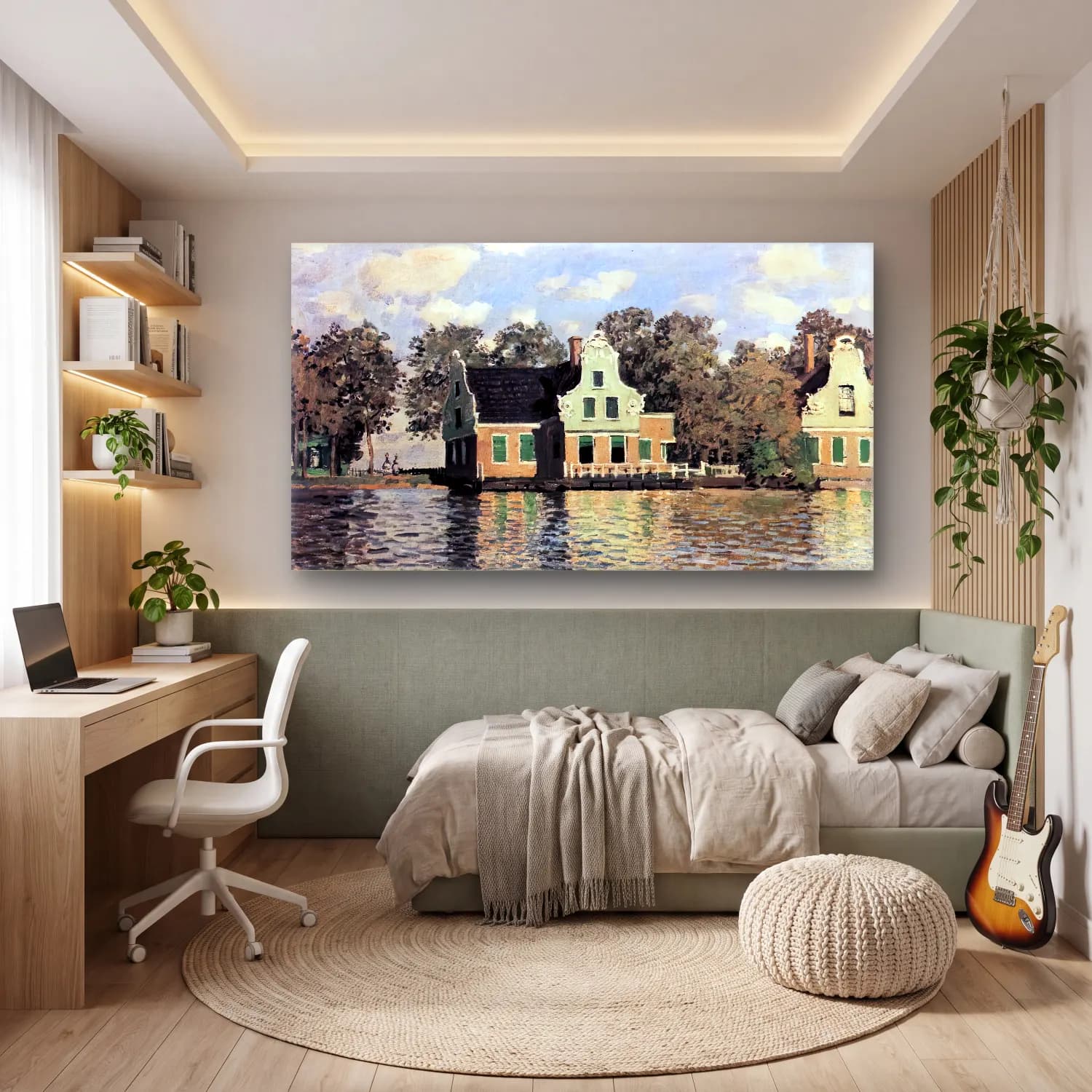 Claude Monet – Houses on the Riverbank in Zaandam cam tablo — genç odasında