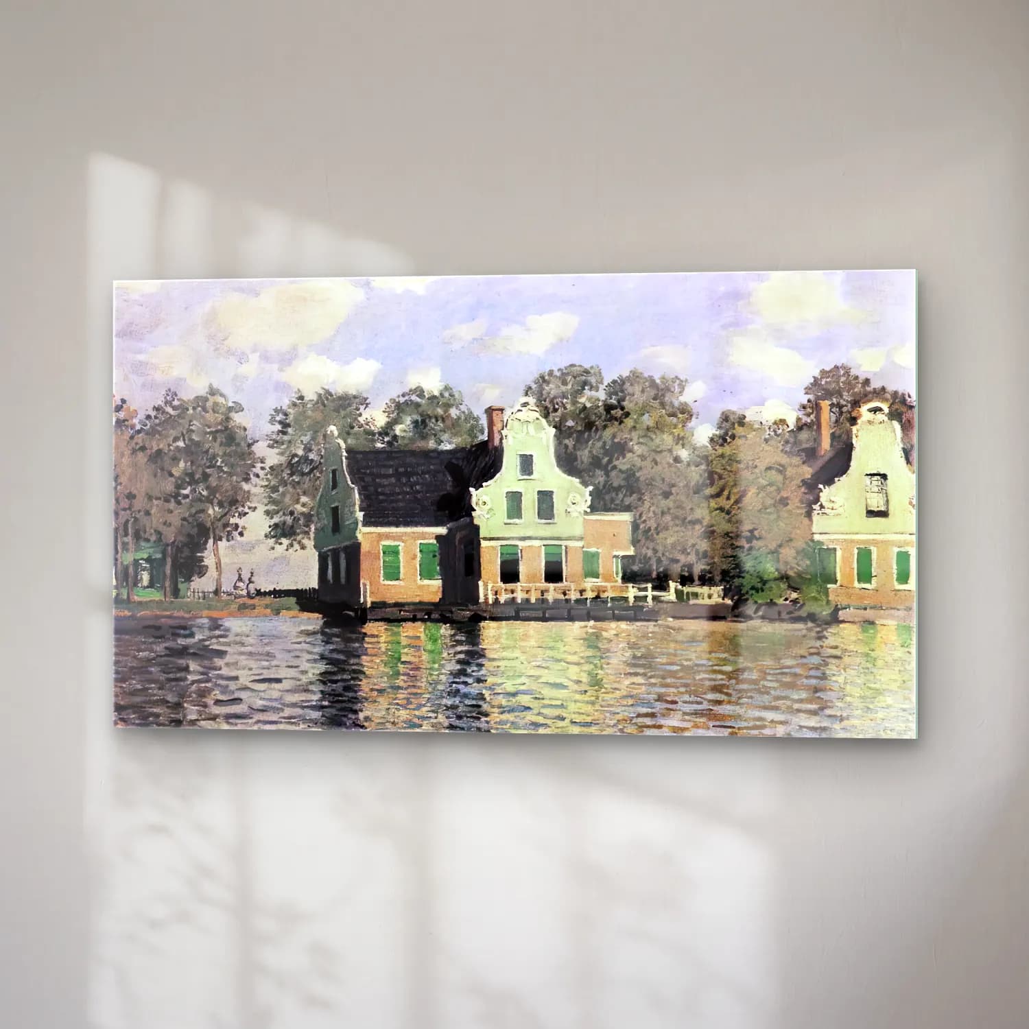 Claude Monet – Houses on the Riverbank in Zaandam cam tablo — sağ açıdan görünüm