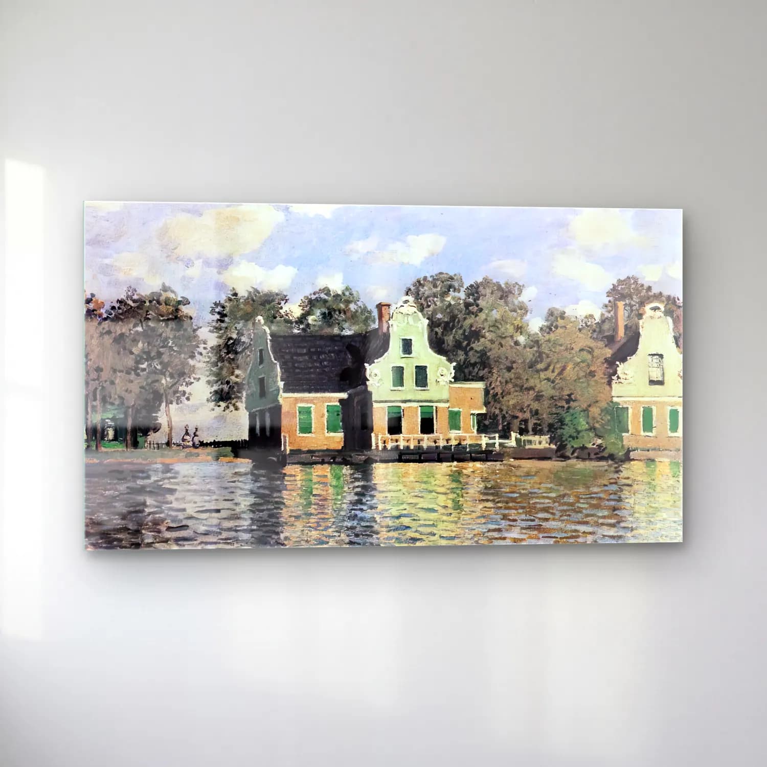 Claude Monet – Houses on the Riverbank in Zaandam cam tablo — sol açıdan görünüm