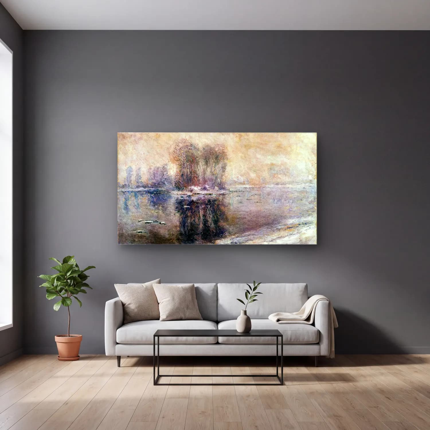 Claude Monet – Ice Floes cam tablo — gri duvarlı salonda