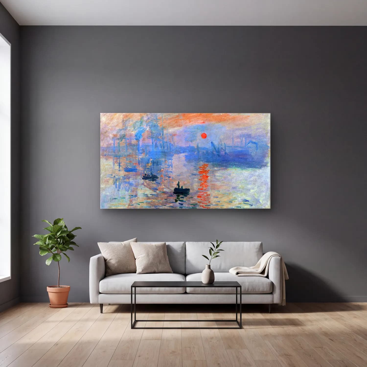 Claude Monet – Impression, Sunrise cam tablo — gri duvarlı salonda