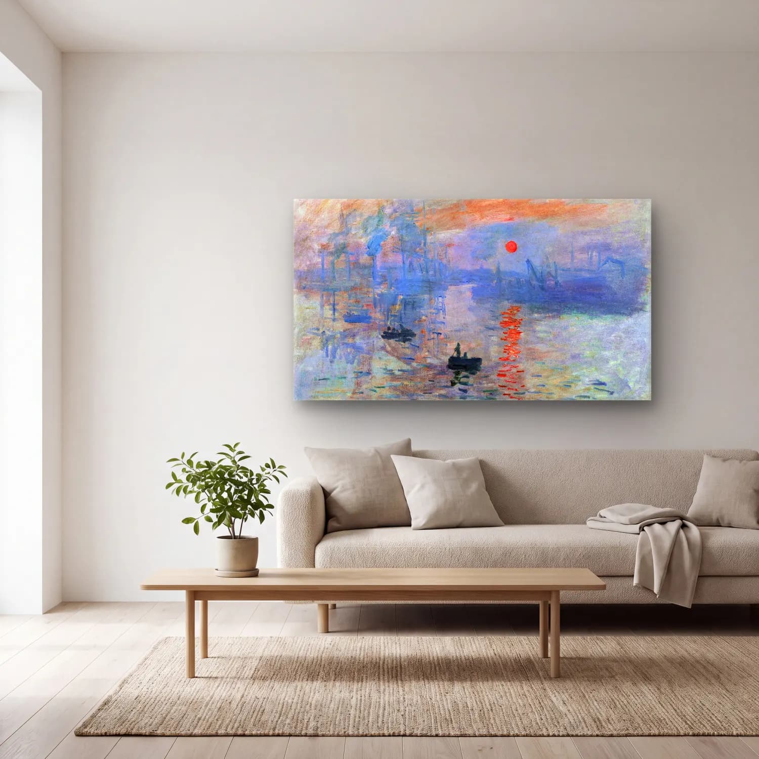 Claude Monet – Impression, Sunrise cam tablo — açık renk salonda