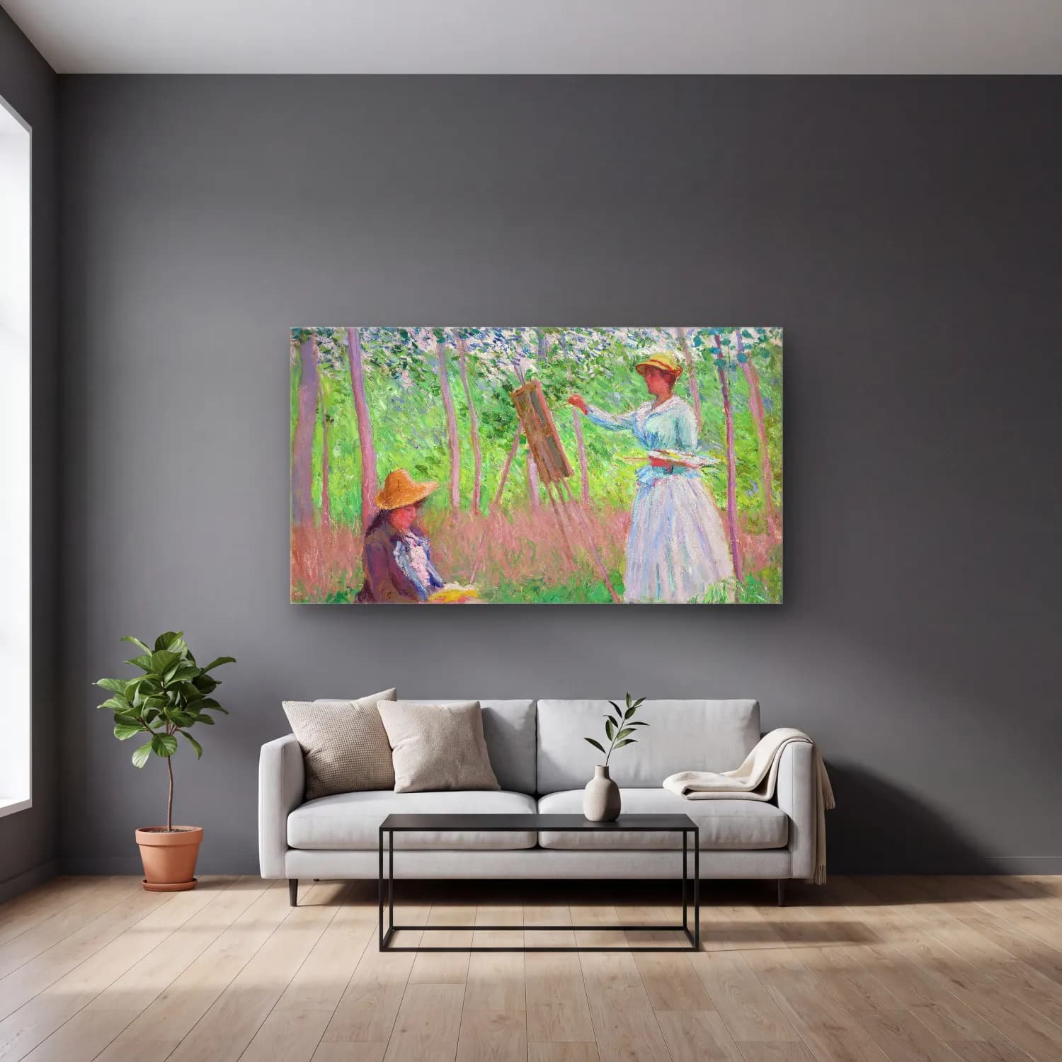 Claude Monet – In the Woods at Giverny cam tablo — gri duvarlı salonda