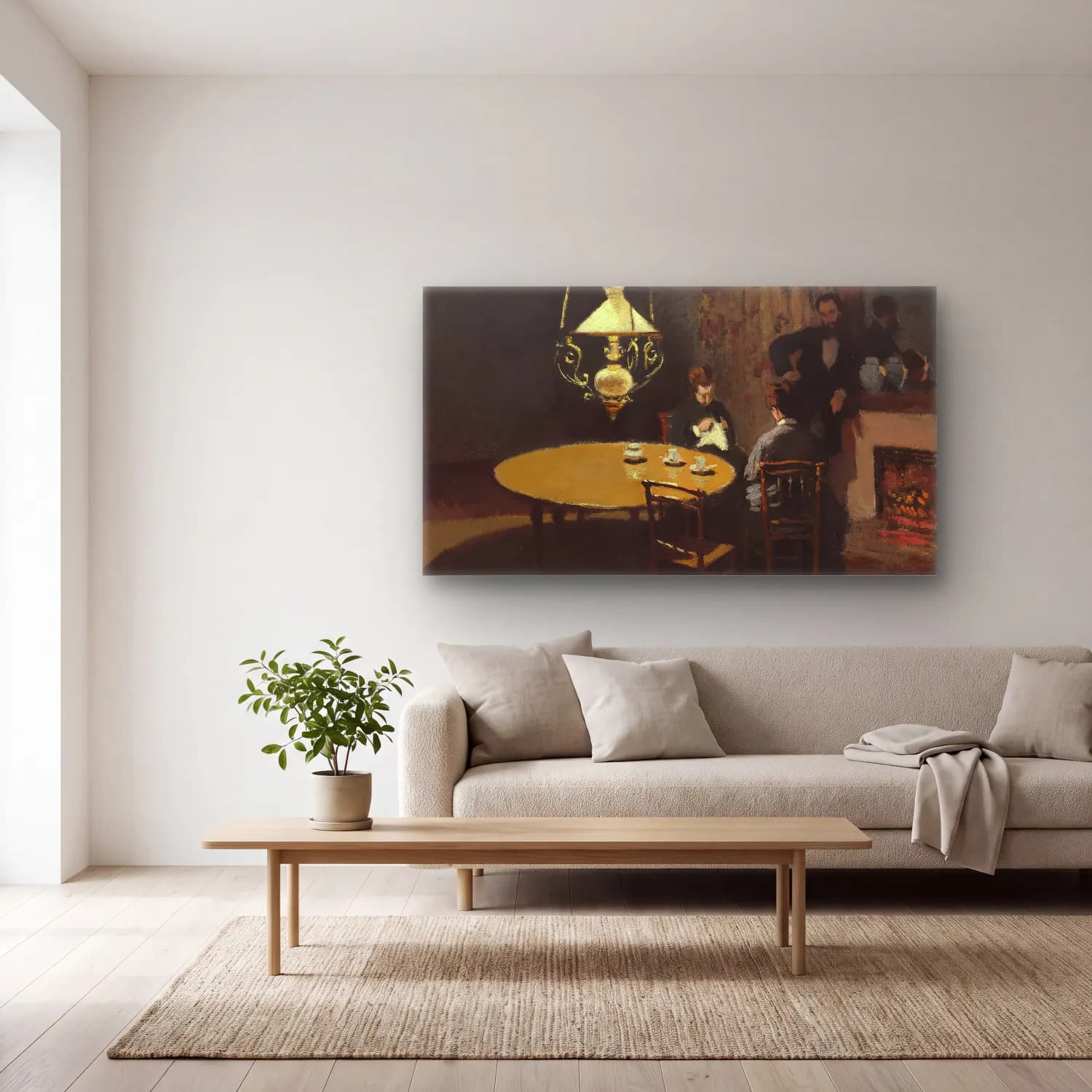 Claude Monet – Interior, after Dinner – Pastel Tonlar cam tablo — açık renk salonda