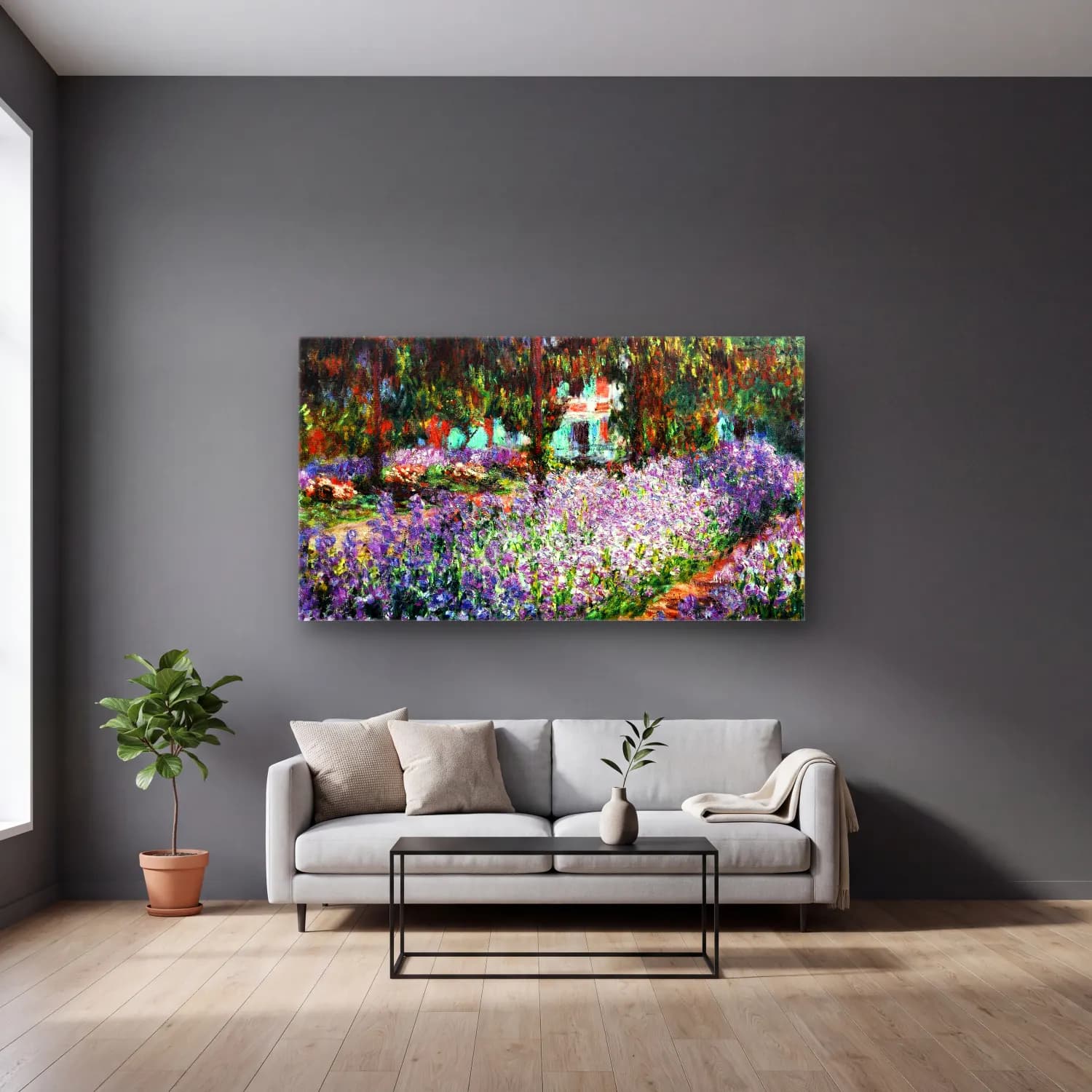Claude Monet – Irises in Monet s Garden at Giverny cam tablo — gri duvarlı salonda