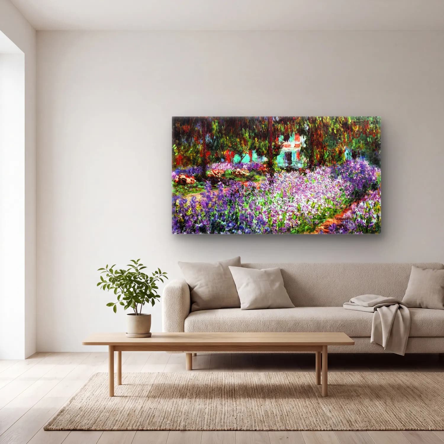 Claude Monet – Irises in Monet s Garden at Giverny cam tablo — açık renk salonda