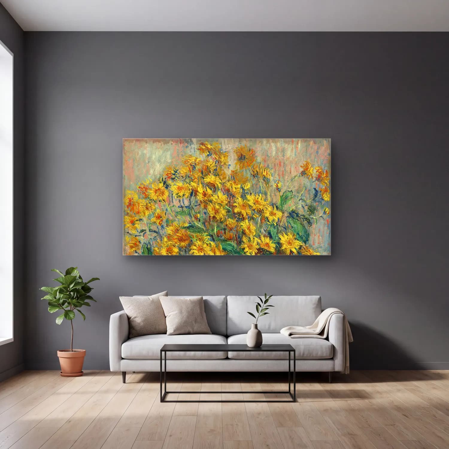 Claude Monet – Jerusalem Artichoke Flowers – Sarı Tonlar cam tablo — gri duvarlı salonda