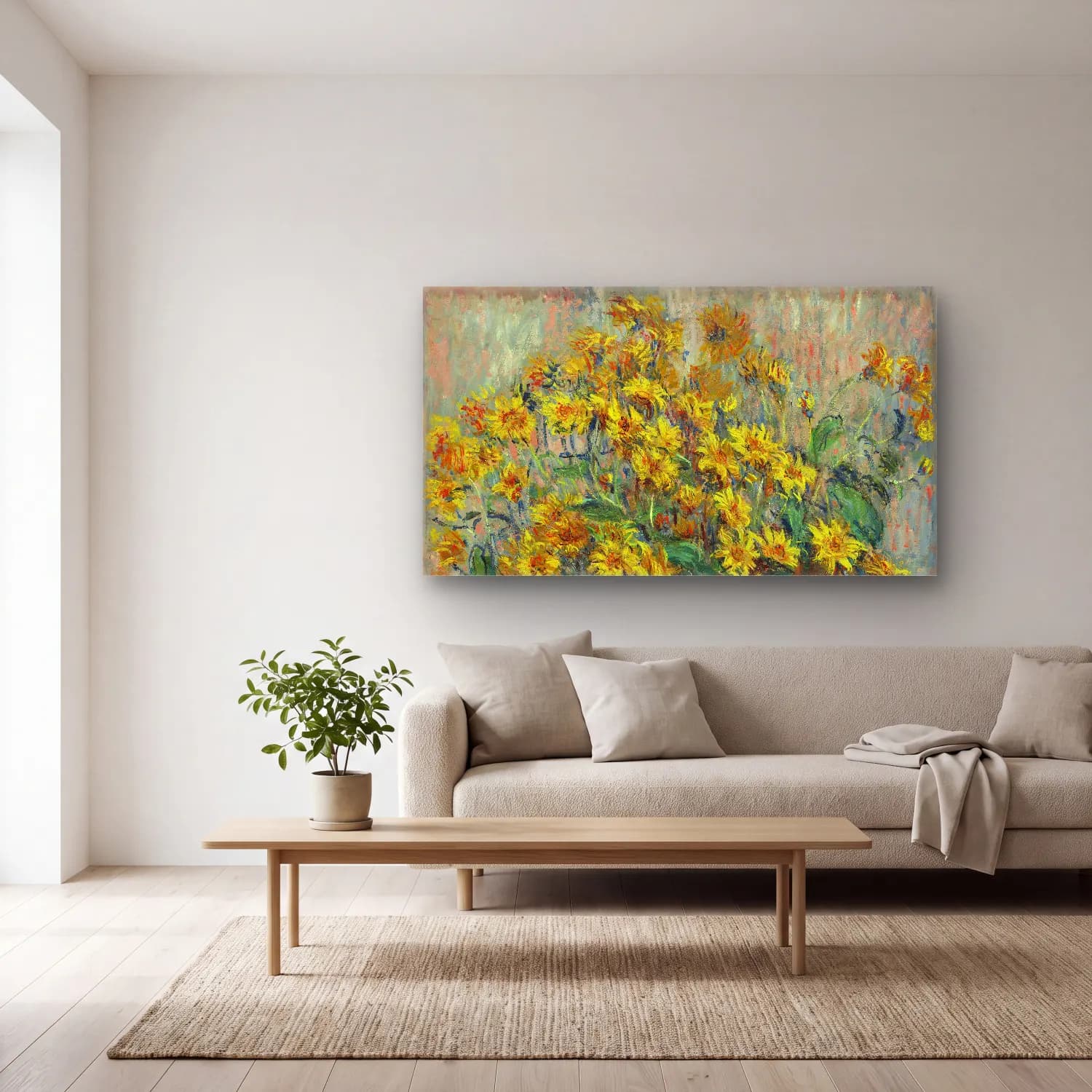 Claude Monet – Jerusalem Artichoke Flowers – Sarı Tonlar cam tablo — açık renk salonda