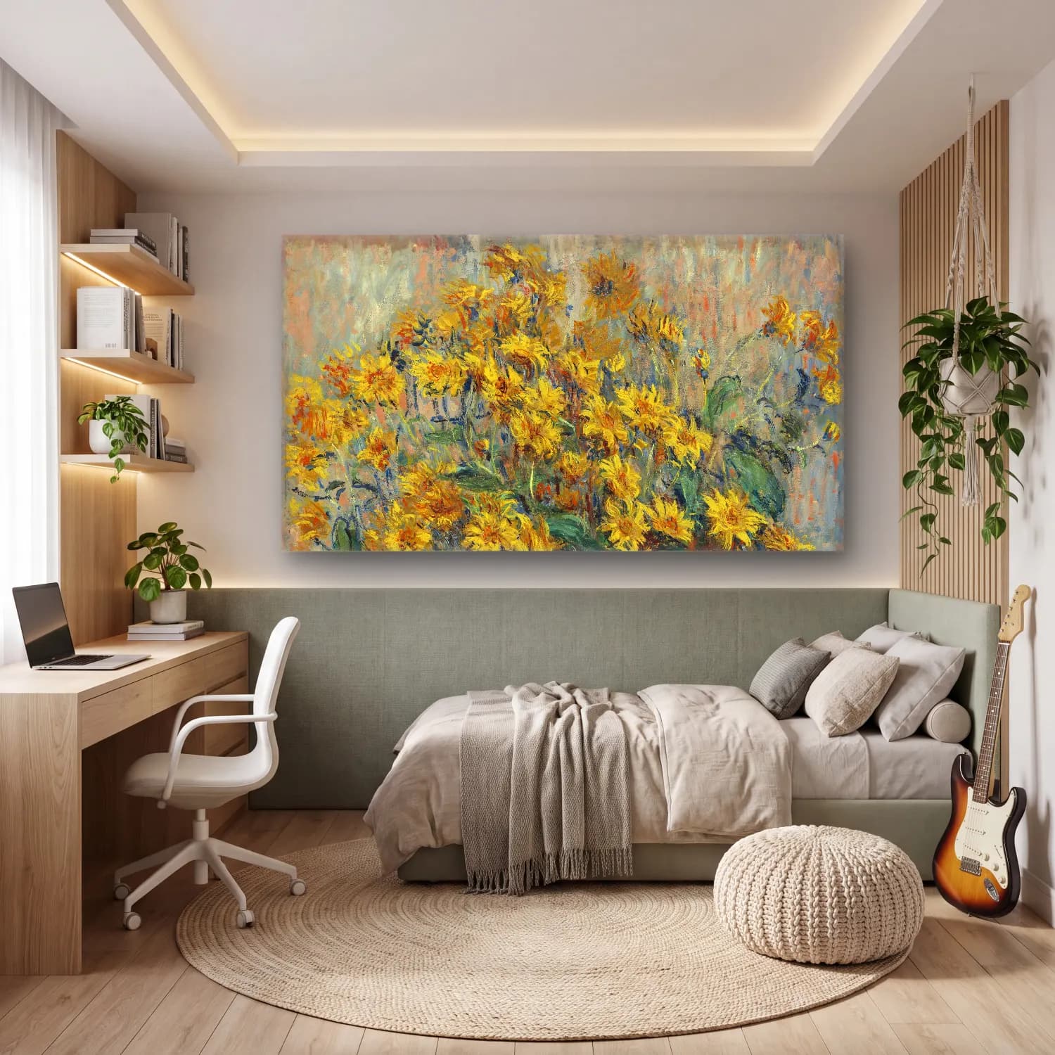Claude Monet – Jerusalem Artichoke Flowers – Sarı Tonlar cam tablo — genç odasında